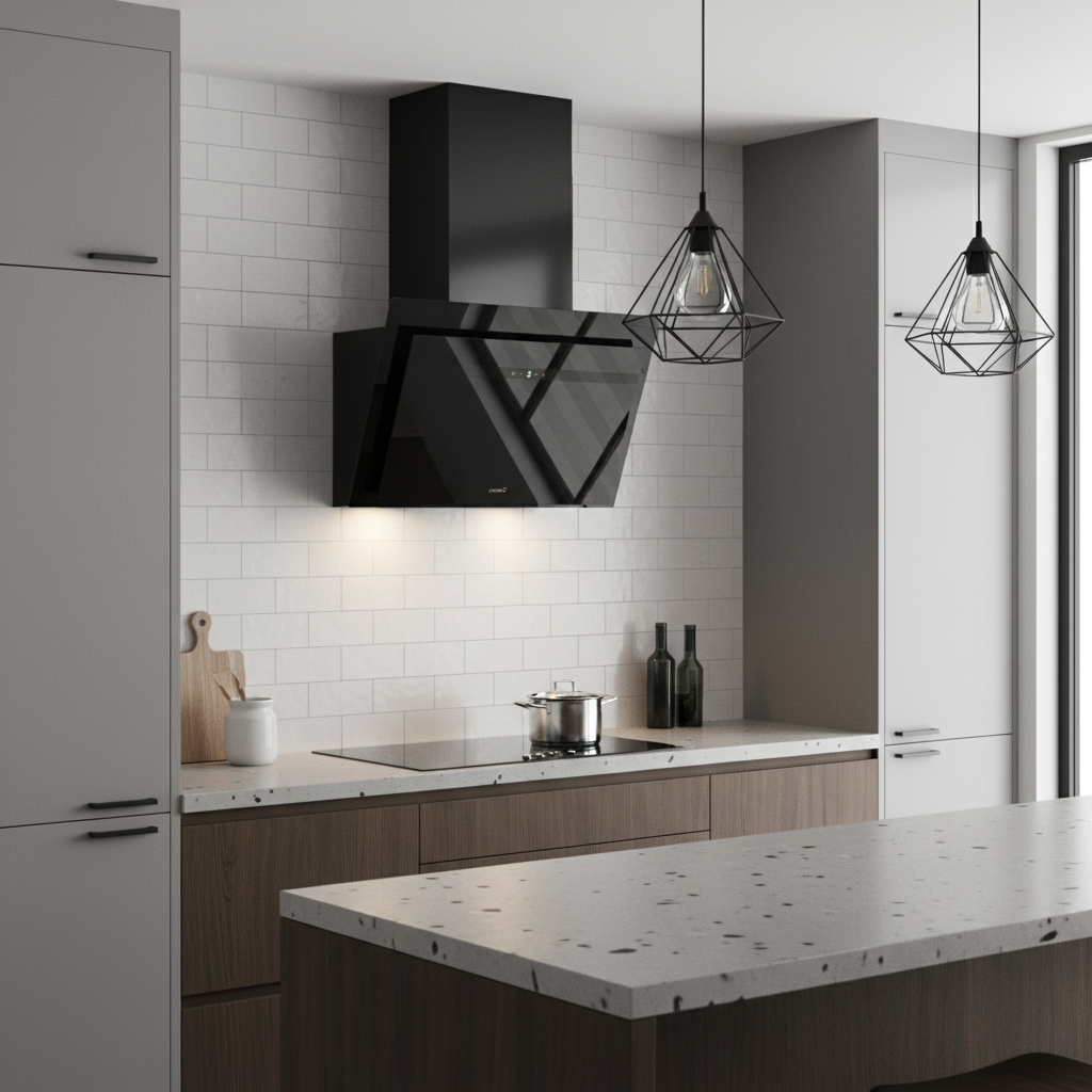 Cocina moderna con campana extractora negra, placa y lámparas colgantes.