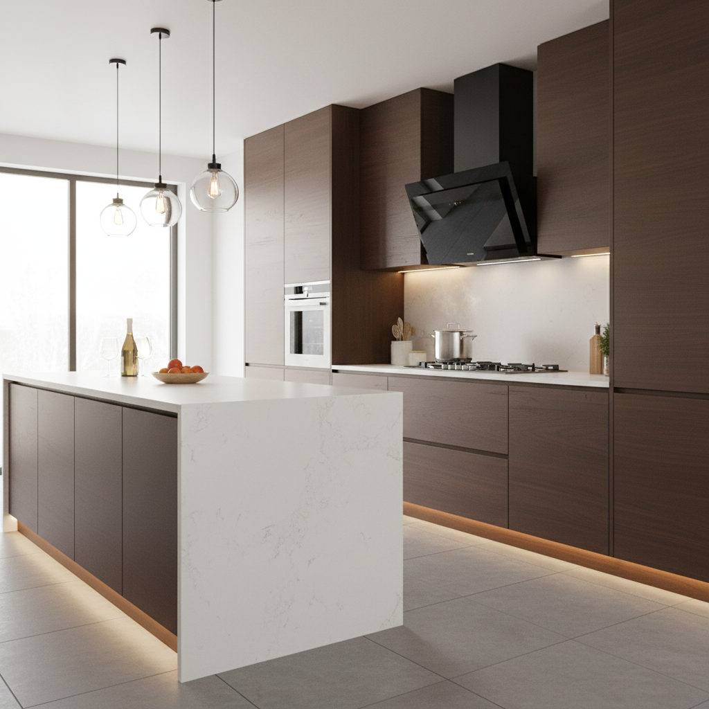 Cocina moderna oscura con isla blanca, lámparas colgantes de cristal y electrodomésticos de acero.