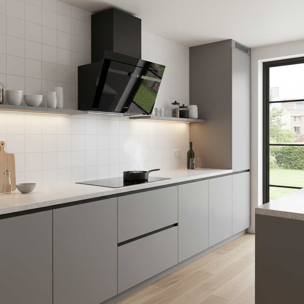 Cocina moderna con gabinetes grises, campana negra y placa de cocción.
