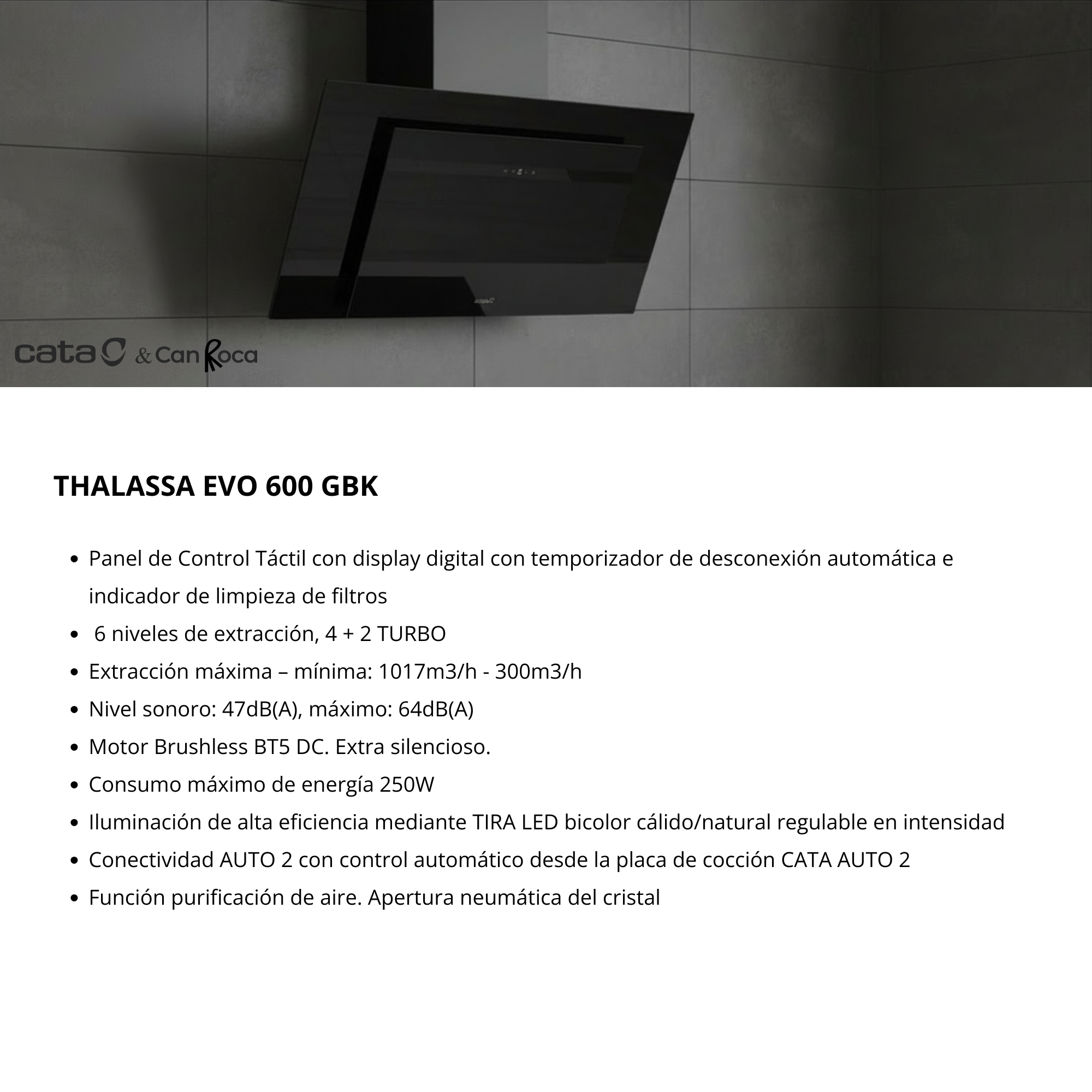 Campana extractora negra con panel táctil sobre una superficie de cocción.
