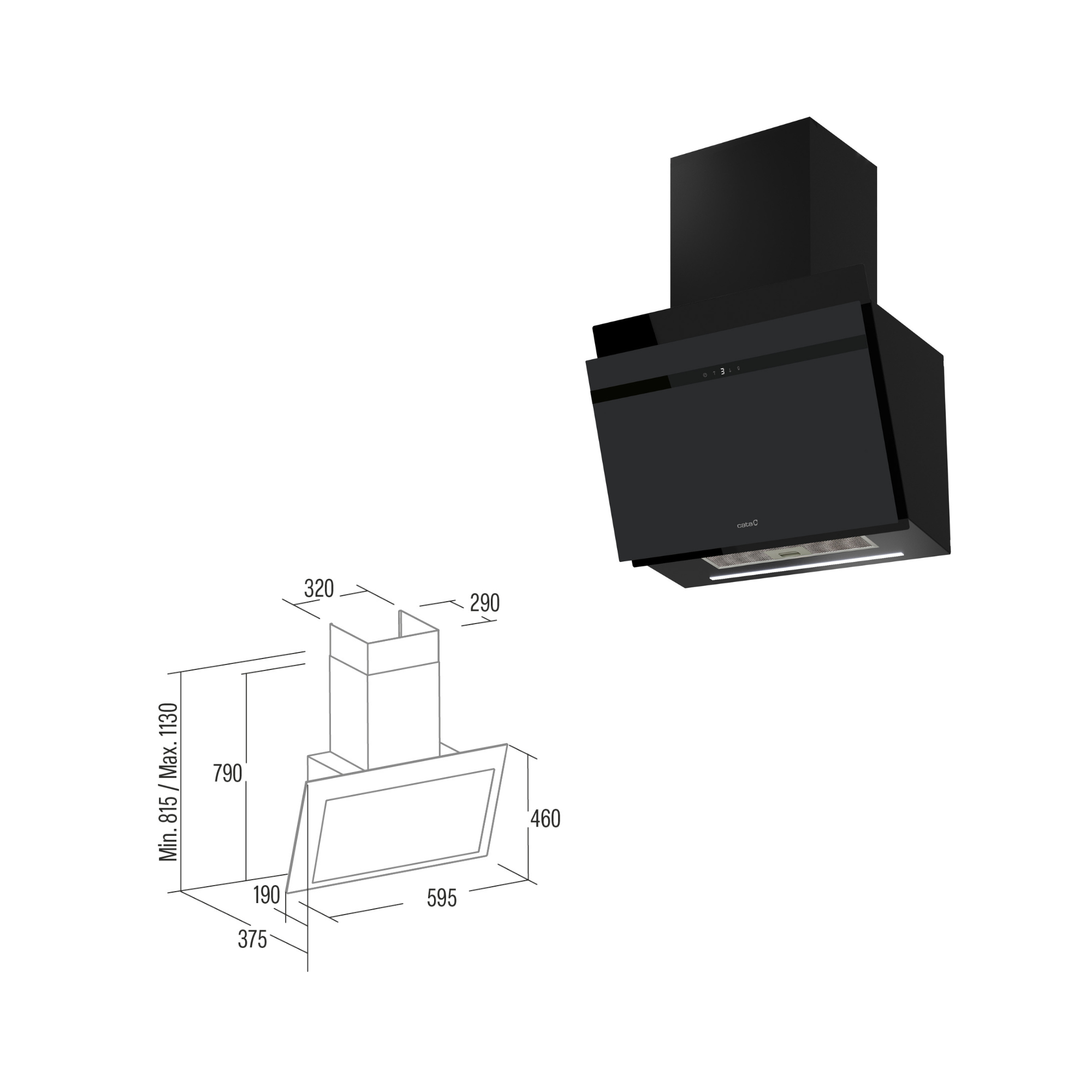 Campana extractora negra con panel de control y diagrama de dimensiones. Diseño elegante.