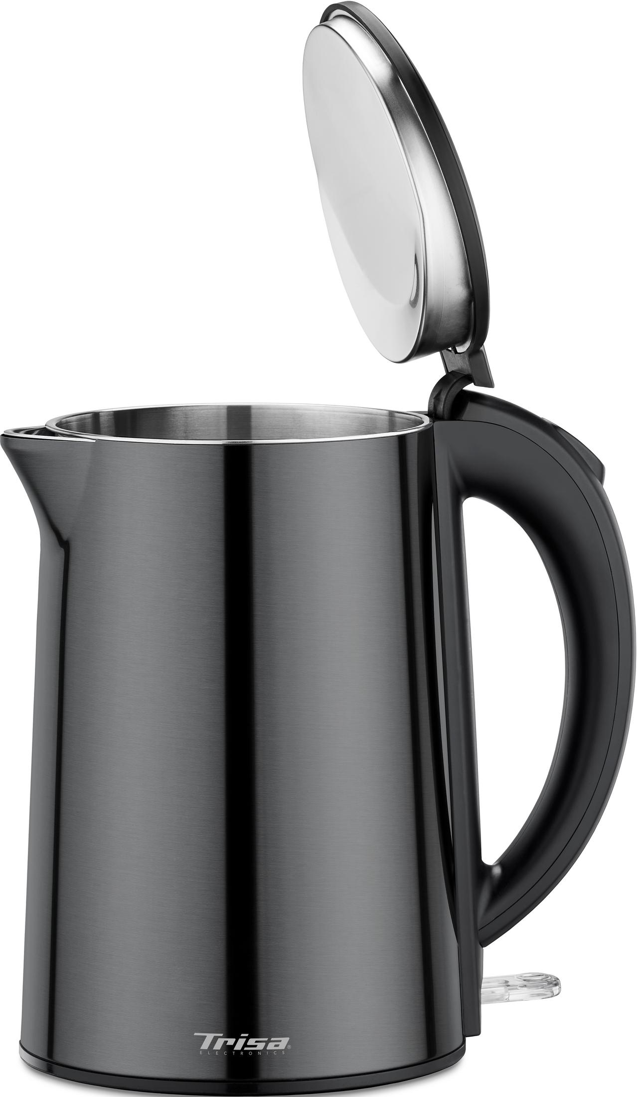 Ein dunkler Metallwasserkocher mit offenem Deckel und schwarzem Griff.