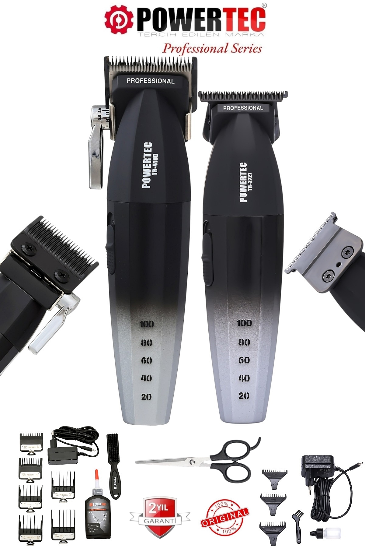 İki adet Powertec saç kesme makinesi, aksesuarlar, makas ve yağ beyaz zeminde.