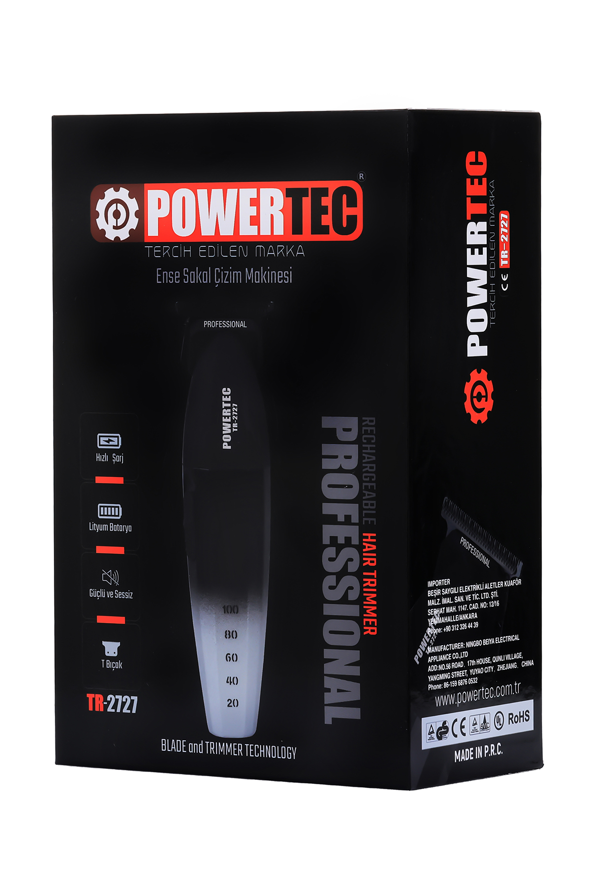 POWERTEC tıraş makinesi ambalajı, üzerinde yazı ve marka bulunmaktadır.