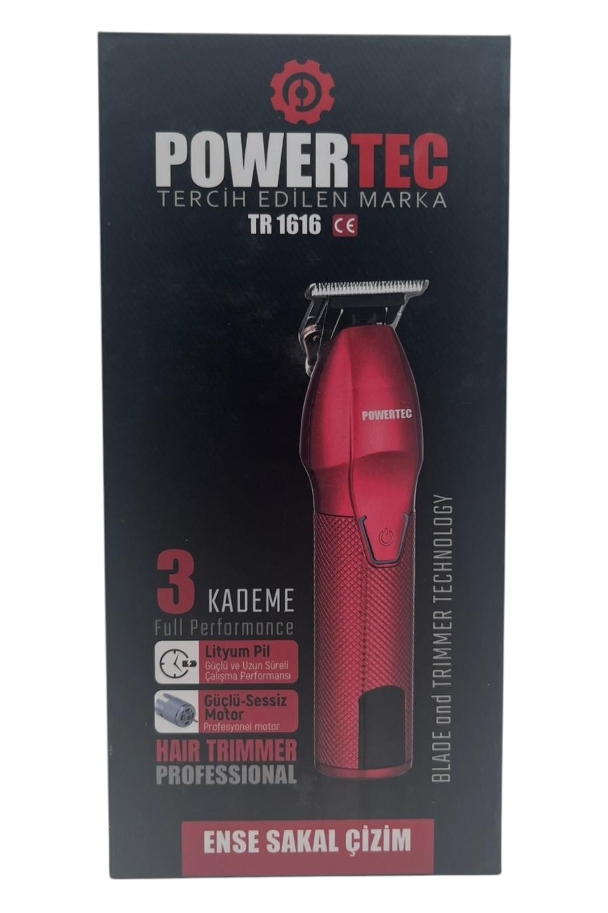 Gümüş bıçaklı kırmızı Powertec saç düzeltici, siyah kutuda.