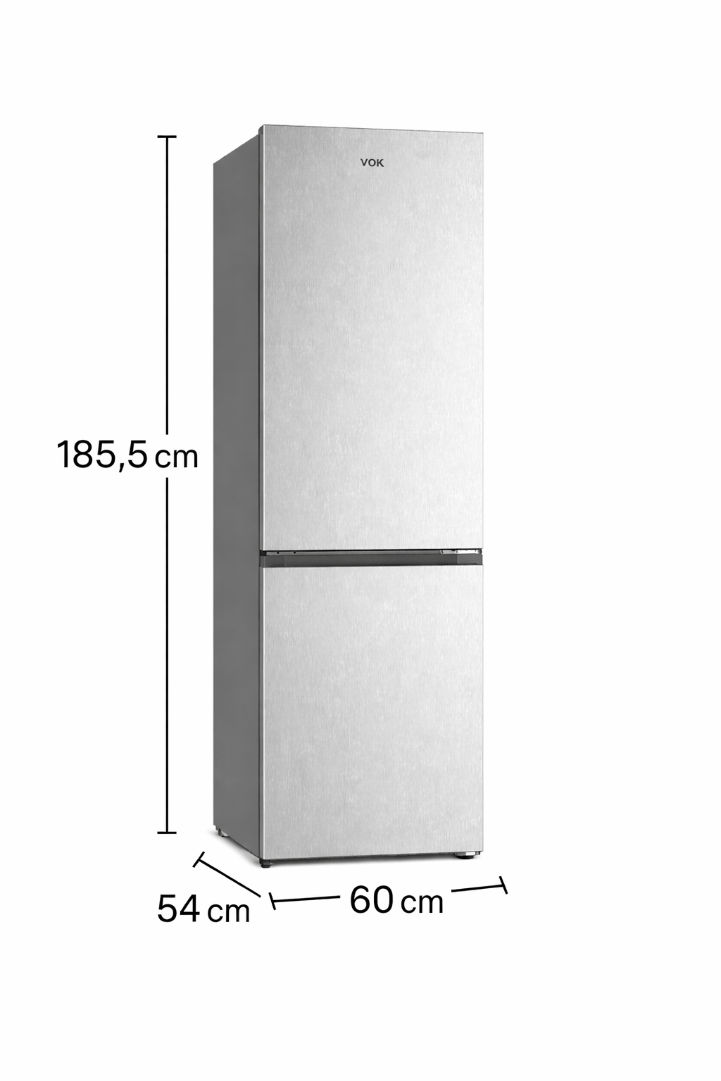 Refrigerador plateado de dos puertas, dimensiones 185,5x60x54 cm.