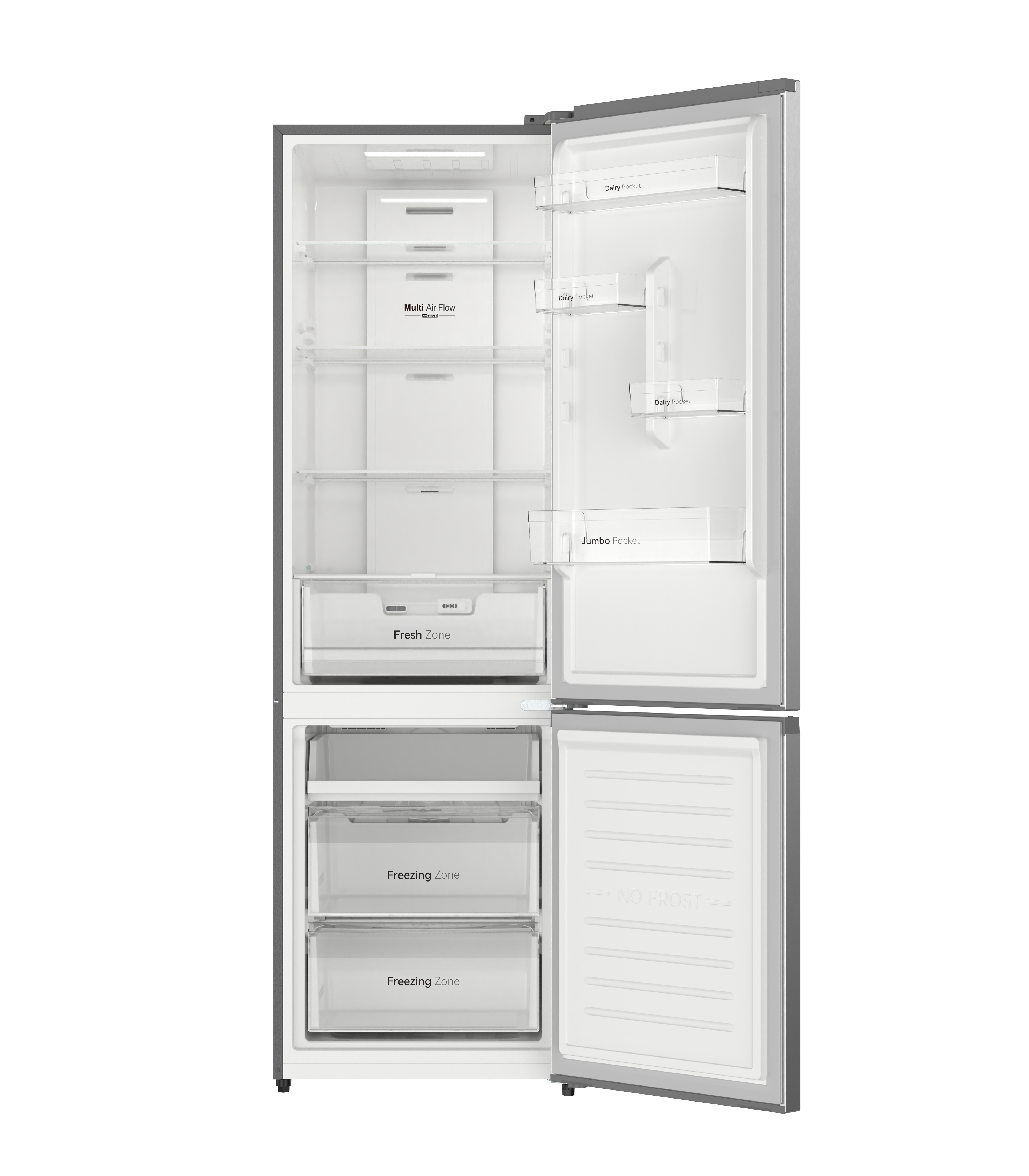 Un refrigerador abierto con múltiples estantes, cajones y compartimentos en la puerta.