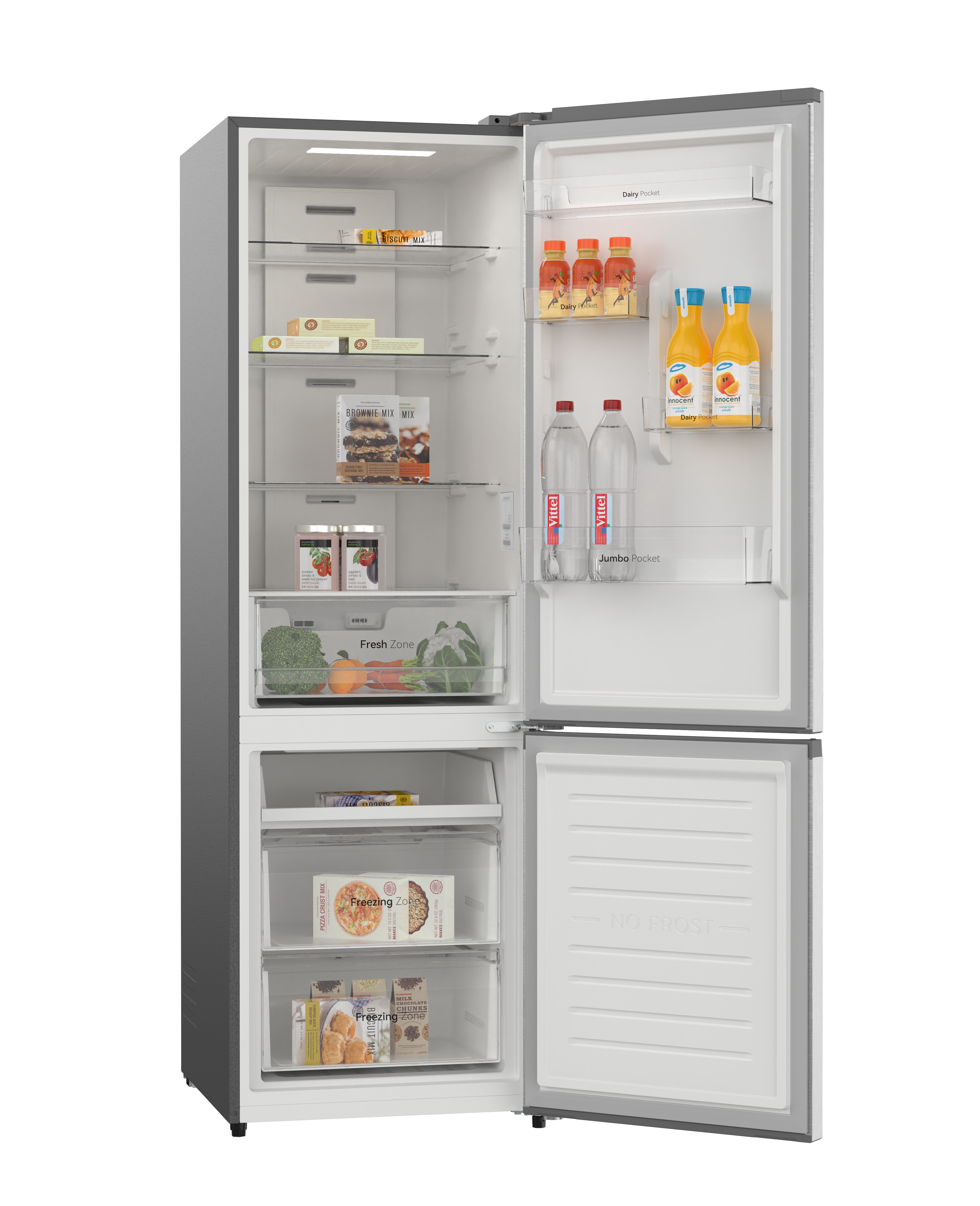 Un refrigerador abierto lleno de alimentos como jugo, agua, verduras y mezclas para hornear.