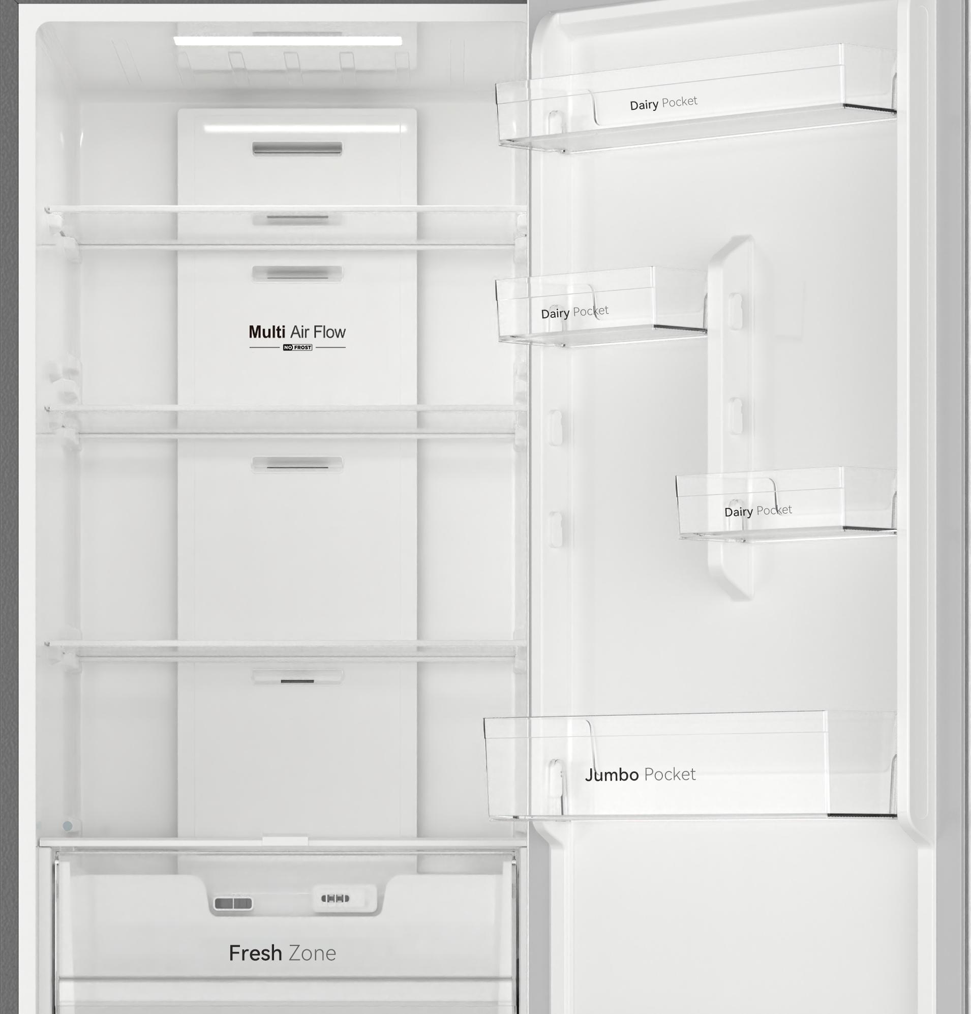 Interior de un refrigerador vacío con estantes y compartimentos.