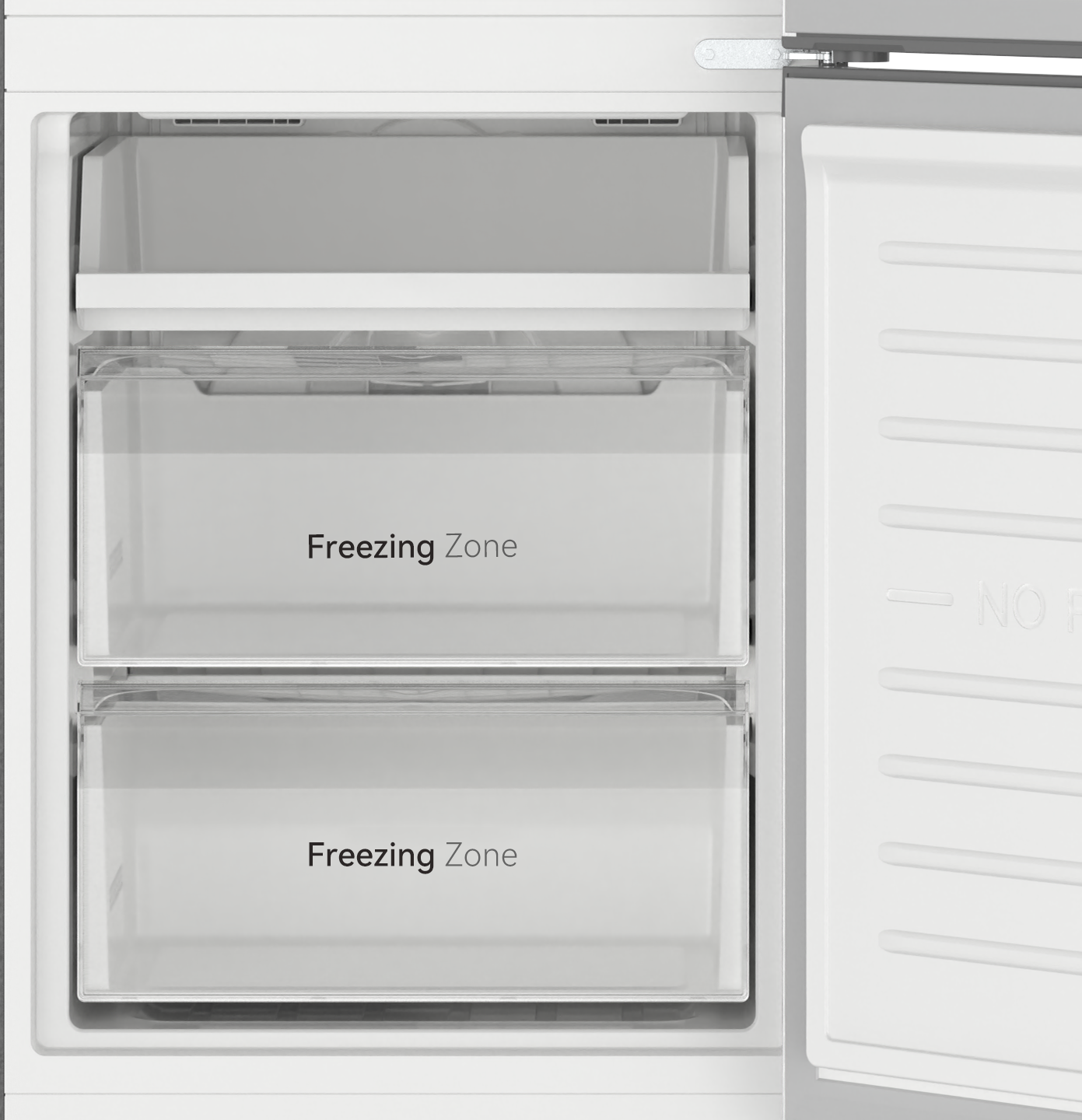 Compartimento de frigorífico con dos cajones, ambos etiquetados 'Freezing Zone'.