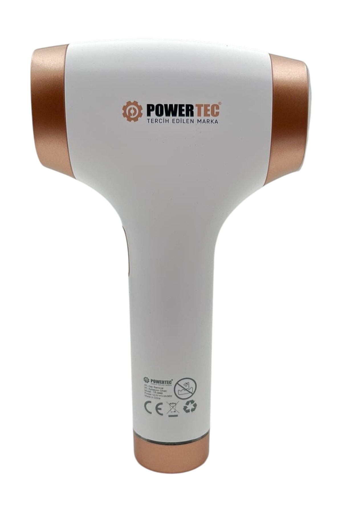 POWER TEC logolu, bakır renkli vurgulara sahip beyaz tüy dökücü cihaz.