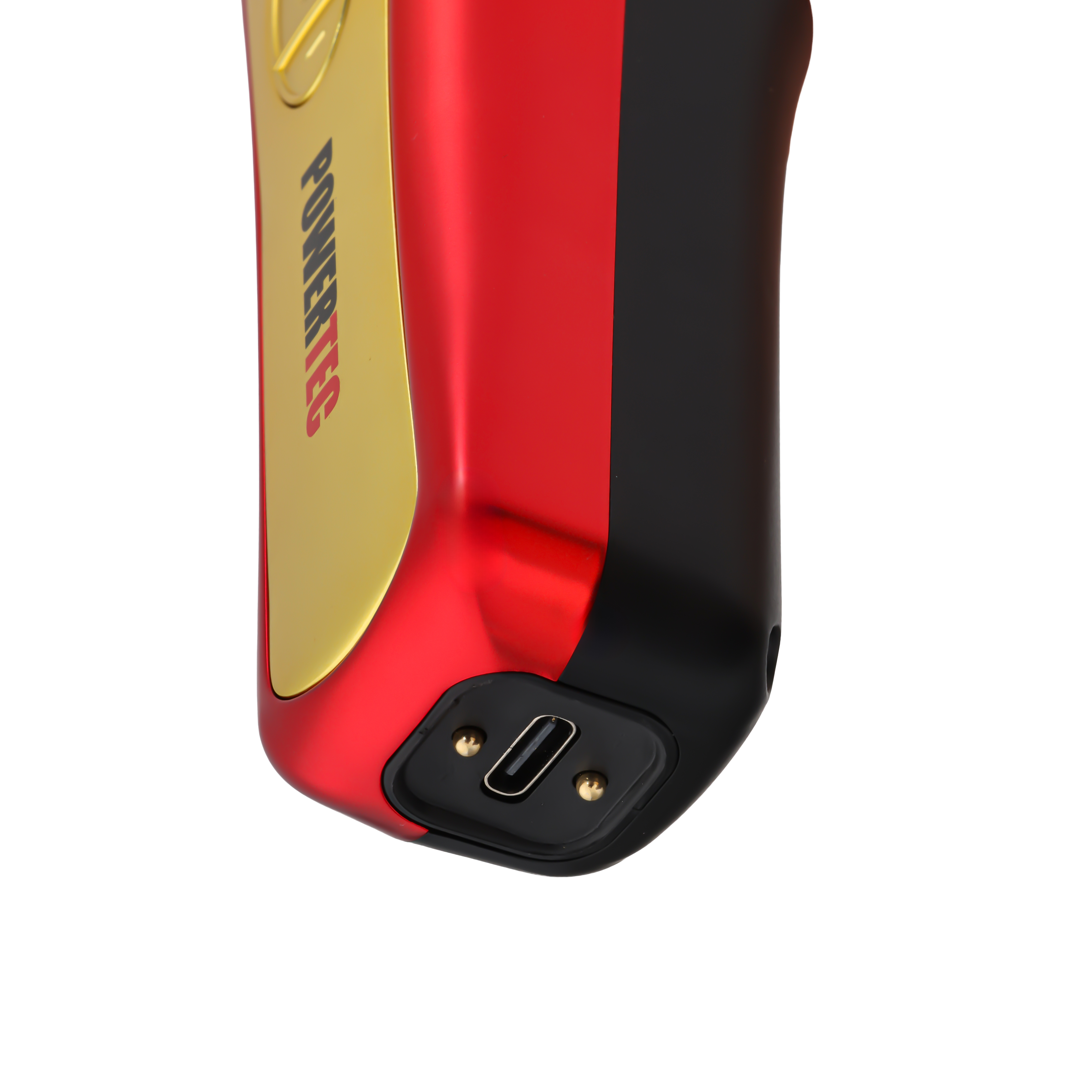 Siyah aksanlı, kırmızı ve altın rengi USB-C portlu cihaz.