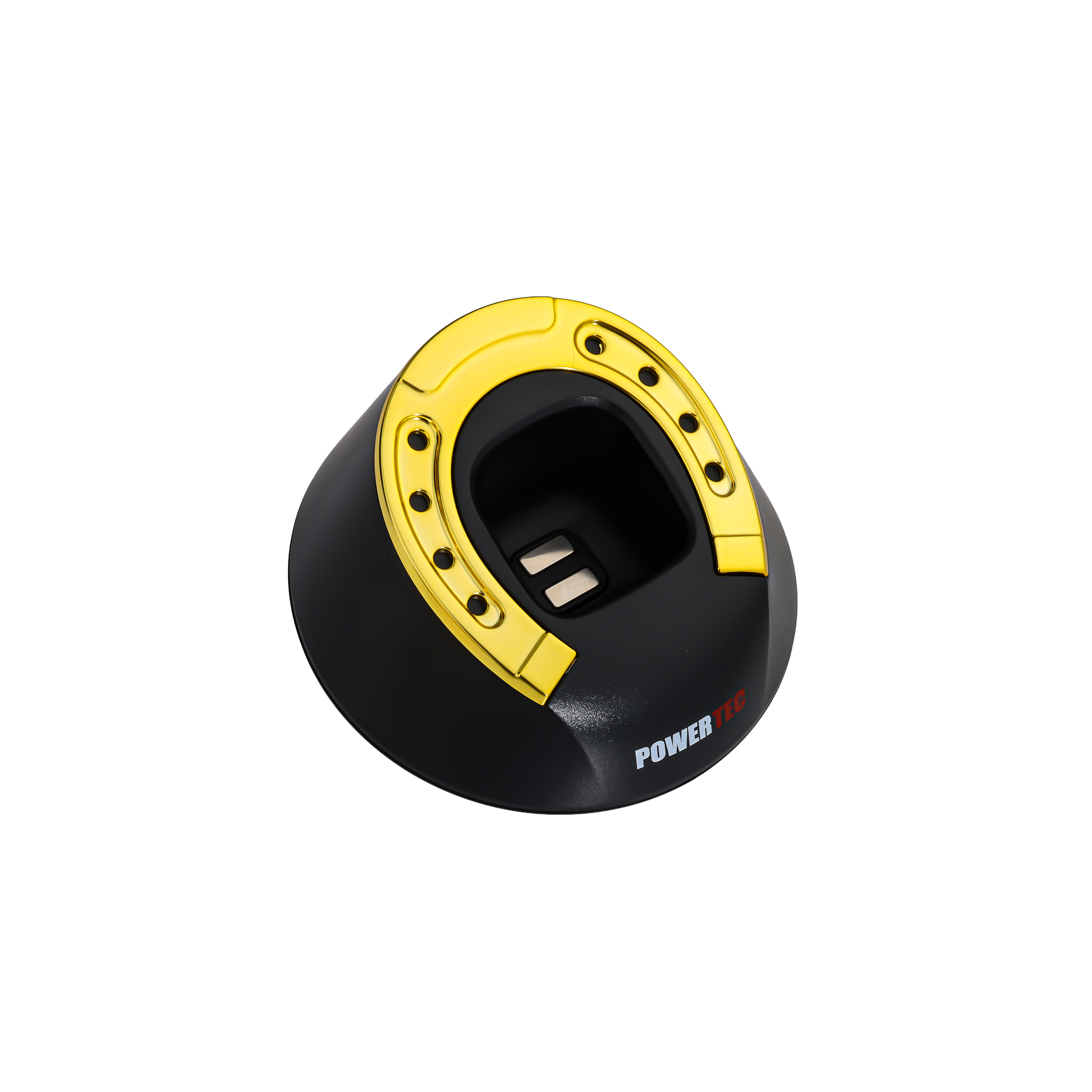 Altın nal detayı ve POWERTEC logosuna sahip siyah şarj standı.