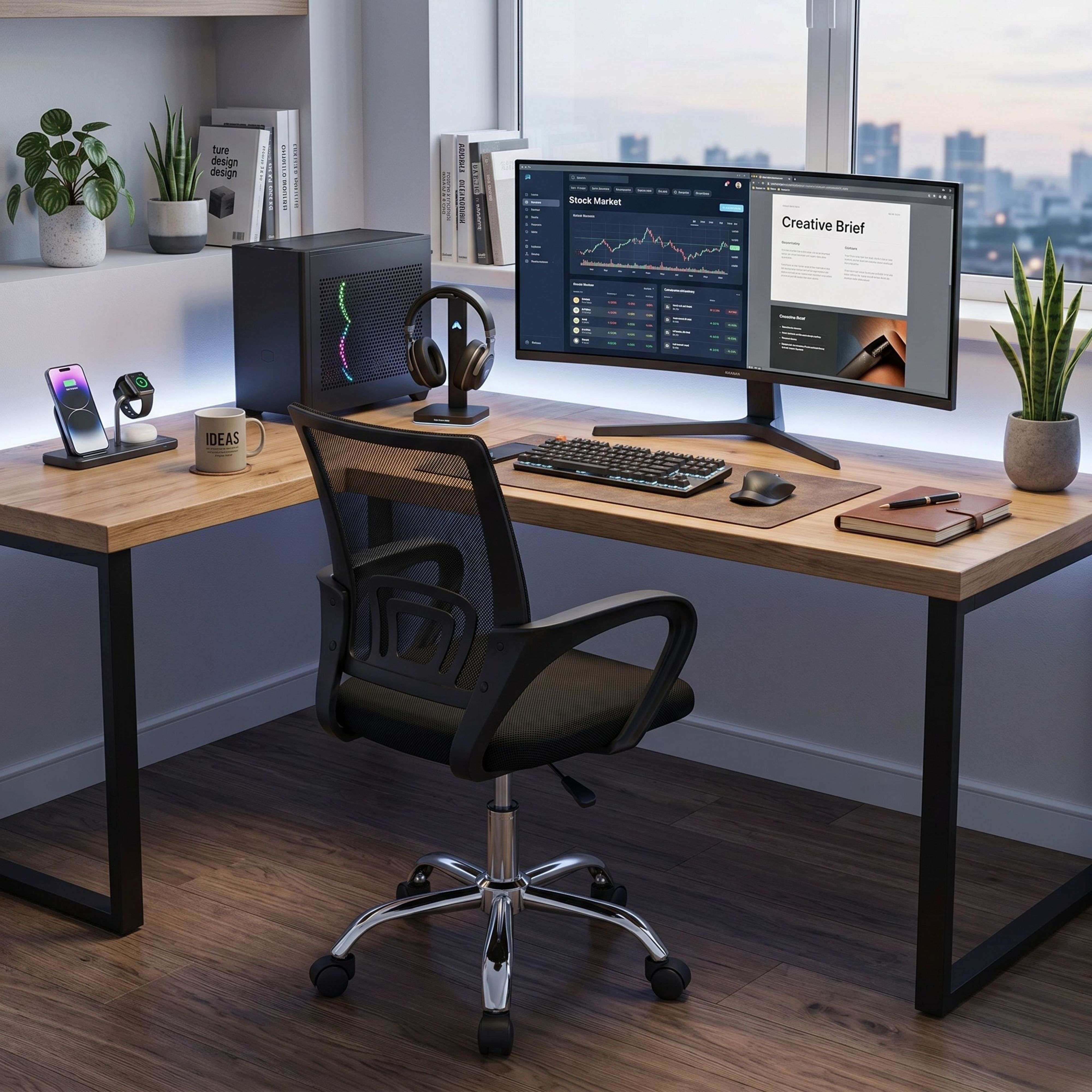 Un escritorio moderno con dos monitores, computadoras, teclado, ratón y plantas.