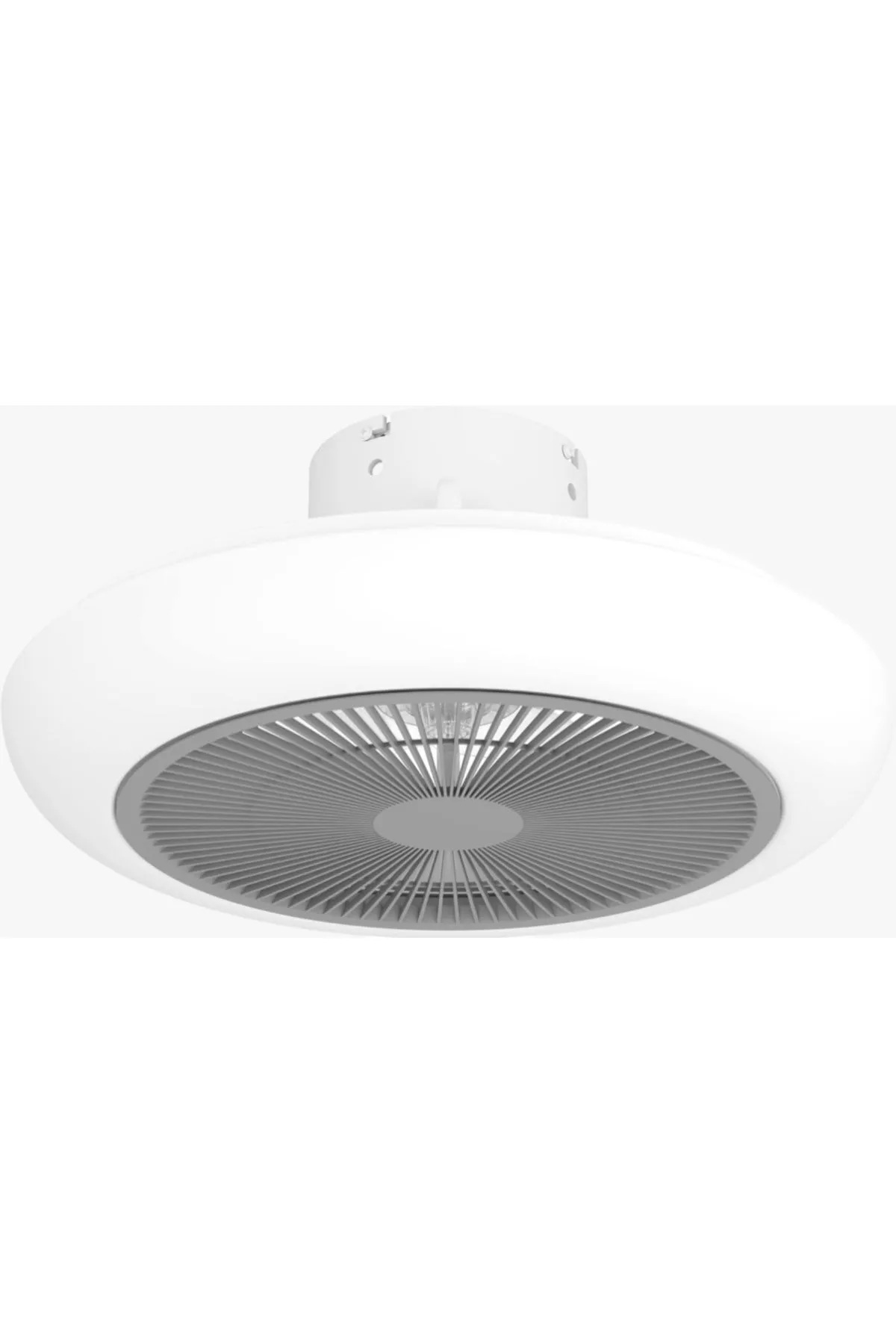 Ventilatörlü ve gri ızgaralı beyaz tavan lambası.