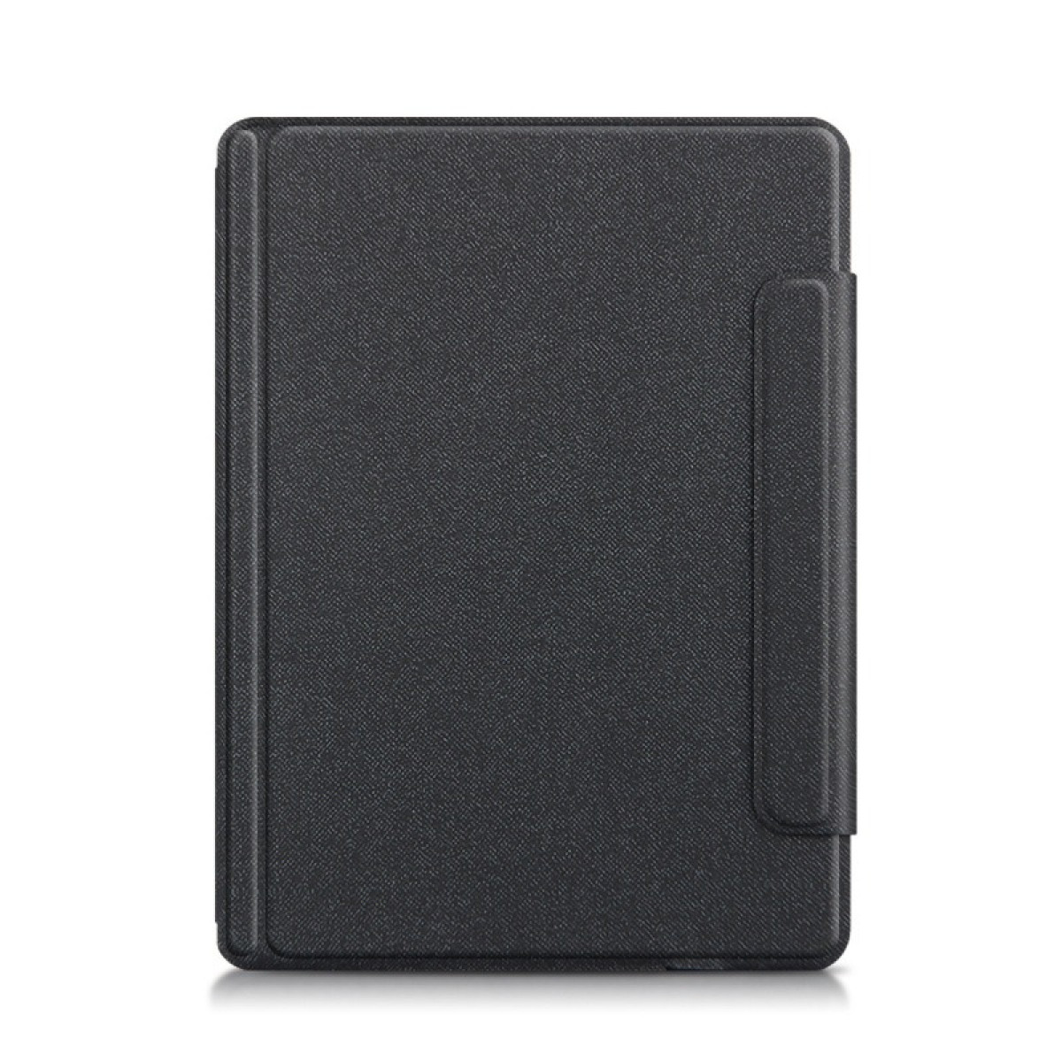Schwarze Hülle für ein Tablet mit einer strukturierten Oberfläche und einer Lasche.