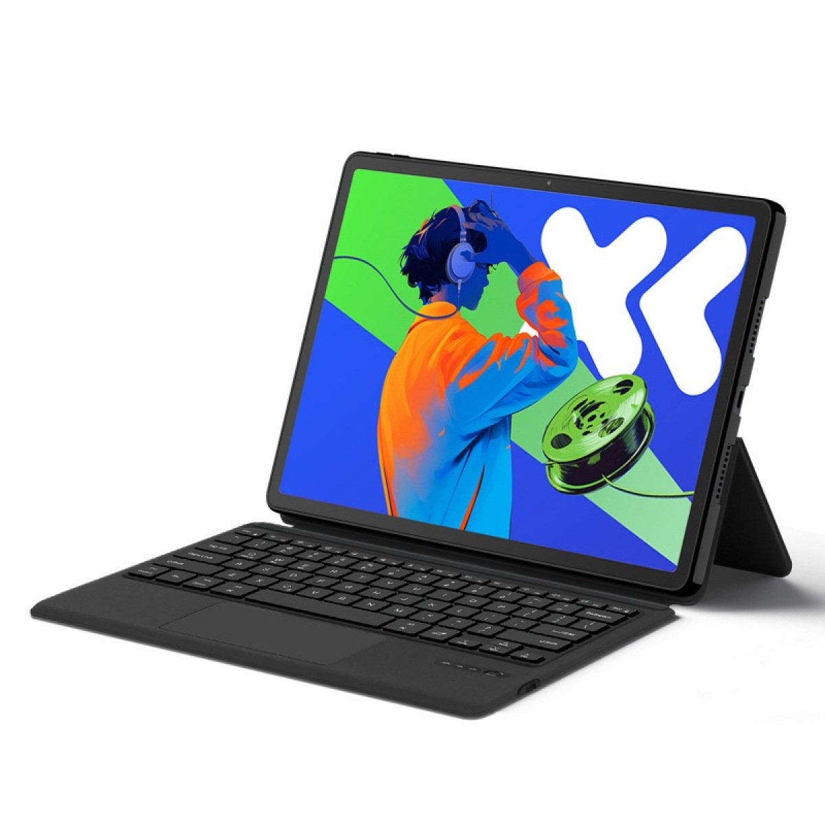 Ein Tablet mit Tastatur und einem Bildschirm mit farbiger Grafik.