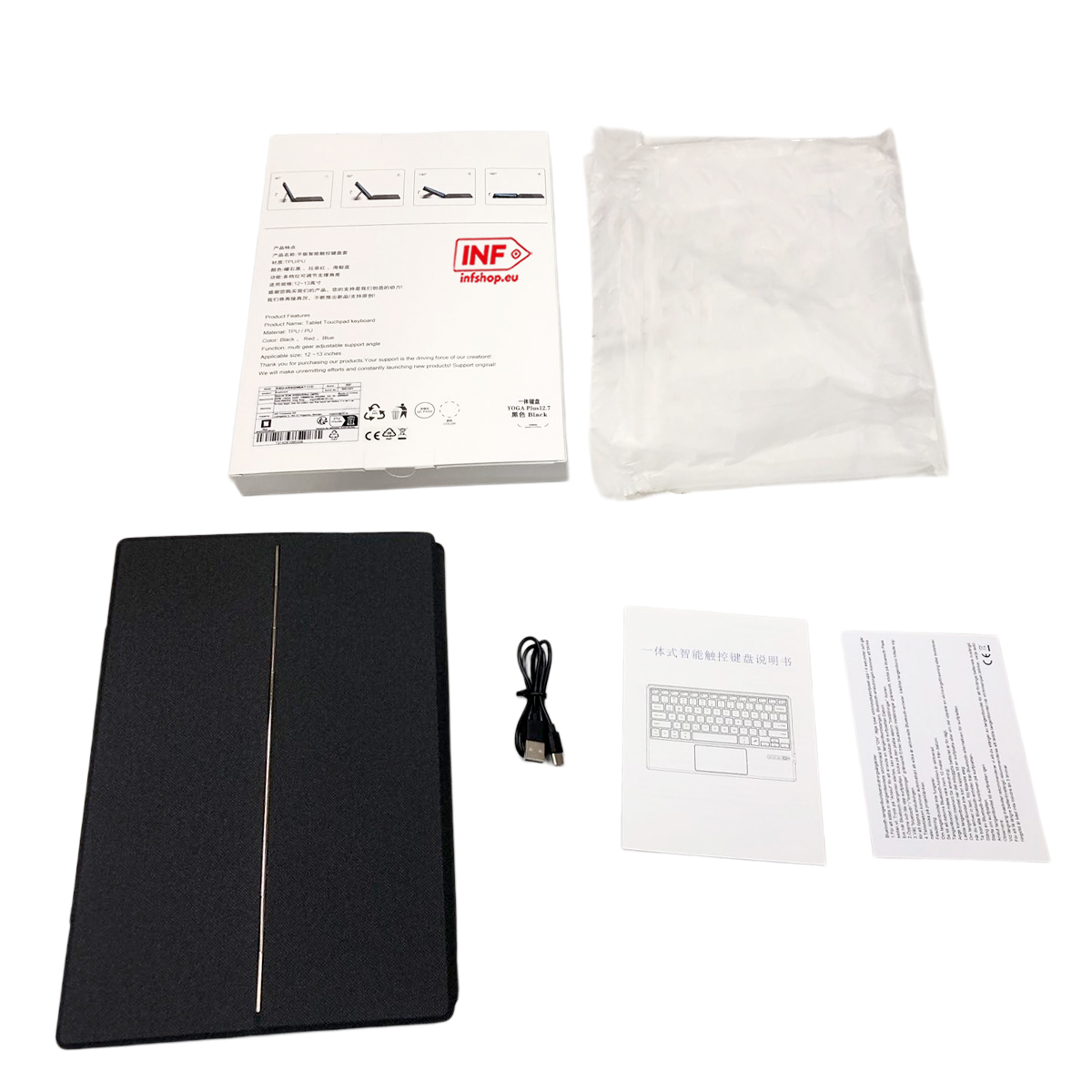 Ein schwarzes Tablet-Tastatur-Set mit Zubehör und Anleitungen auf weißem Hintergrund.