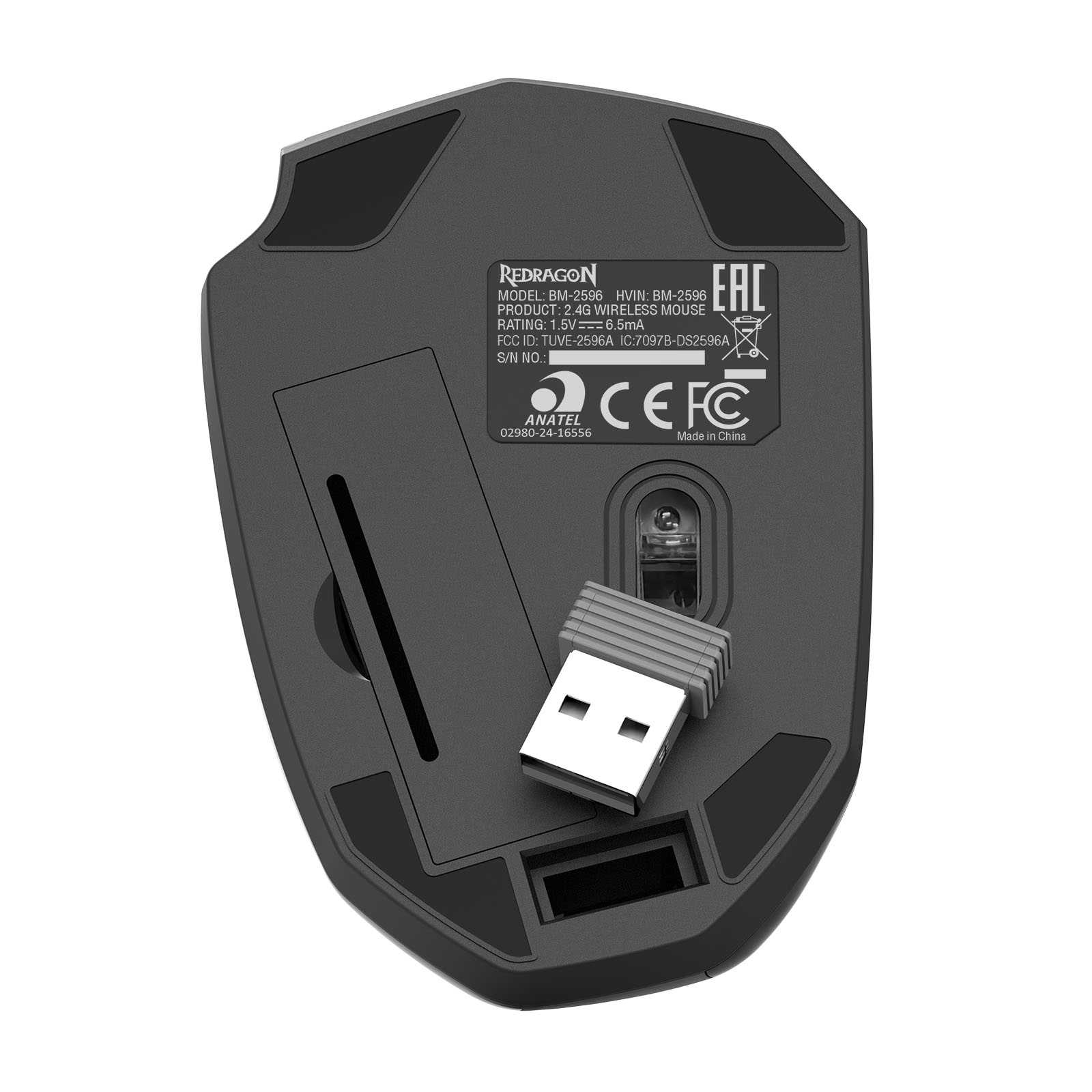 Takılı USB alıcılı siyah Redragon 2,4G kablosuz farenin alt kısmı.
