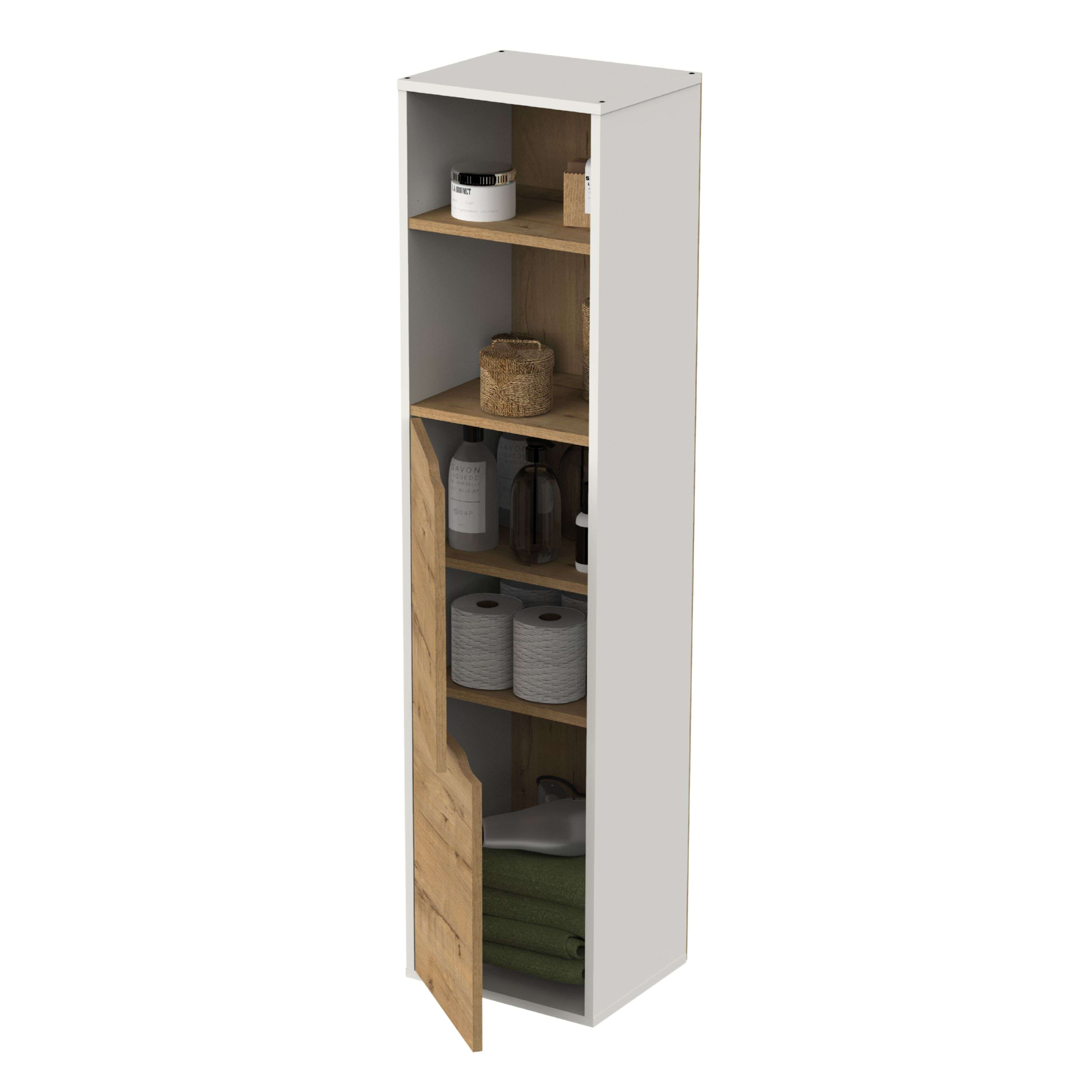 Un armario blanco alto y estrecho con detalles de madera, abierto y lleno de artículos de baño.