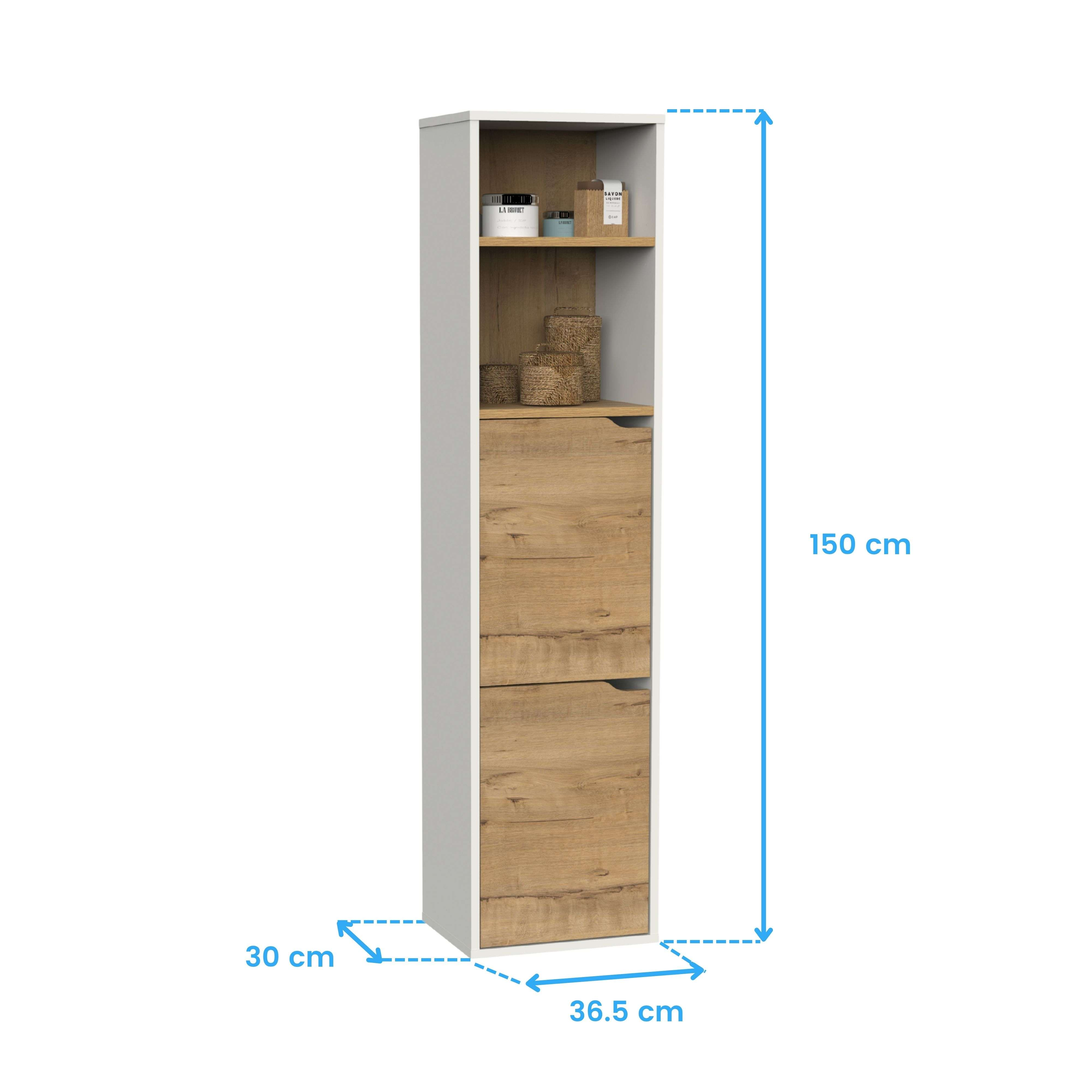 Un armario estrecho y alto blanco con cajones y estantes imitación madera. Al: 150cm, An: 30cm, Pr: 36.5cm.