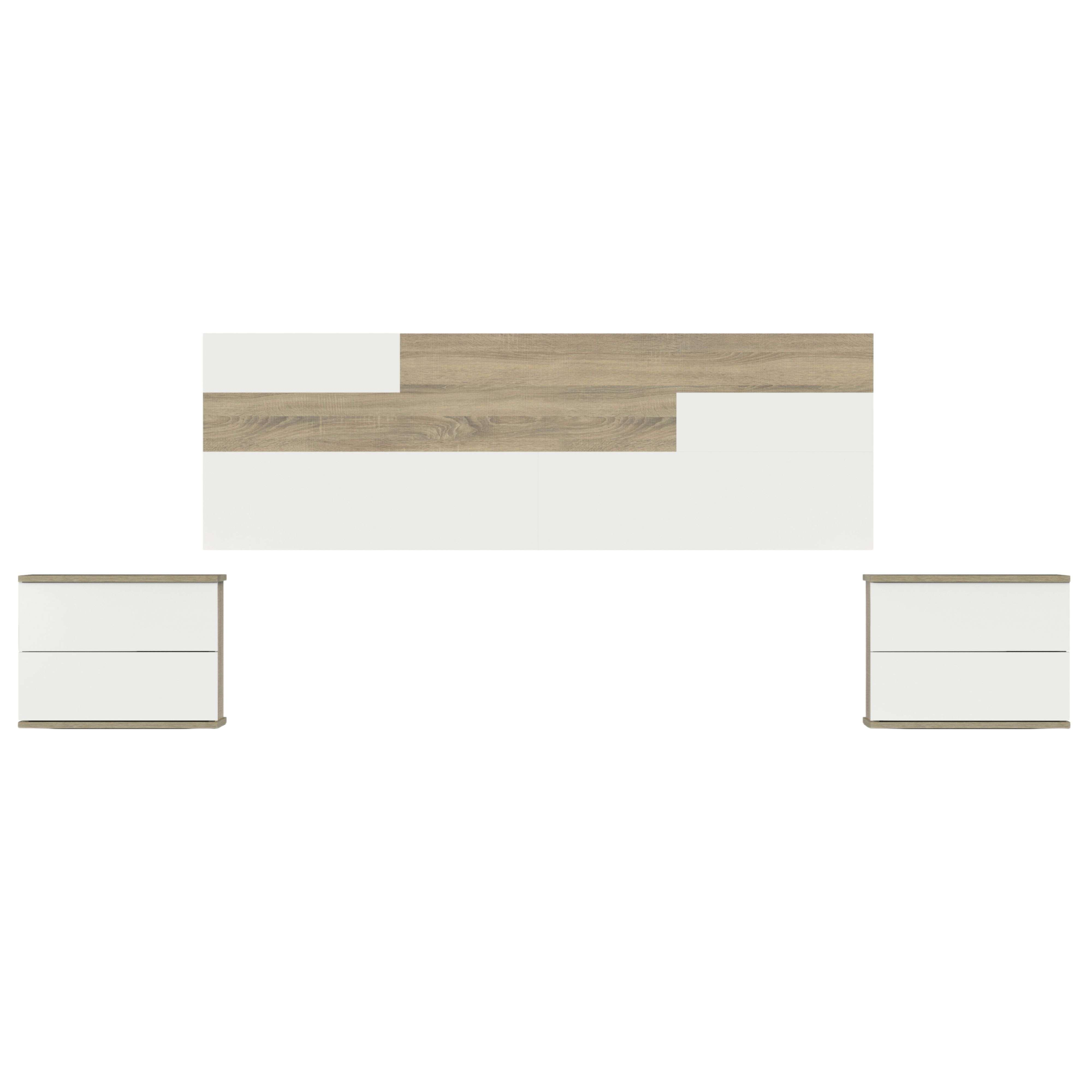 Dos mesitas de noche blancas con detalles de madera flanquean un panel de pared blanco con madera.
