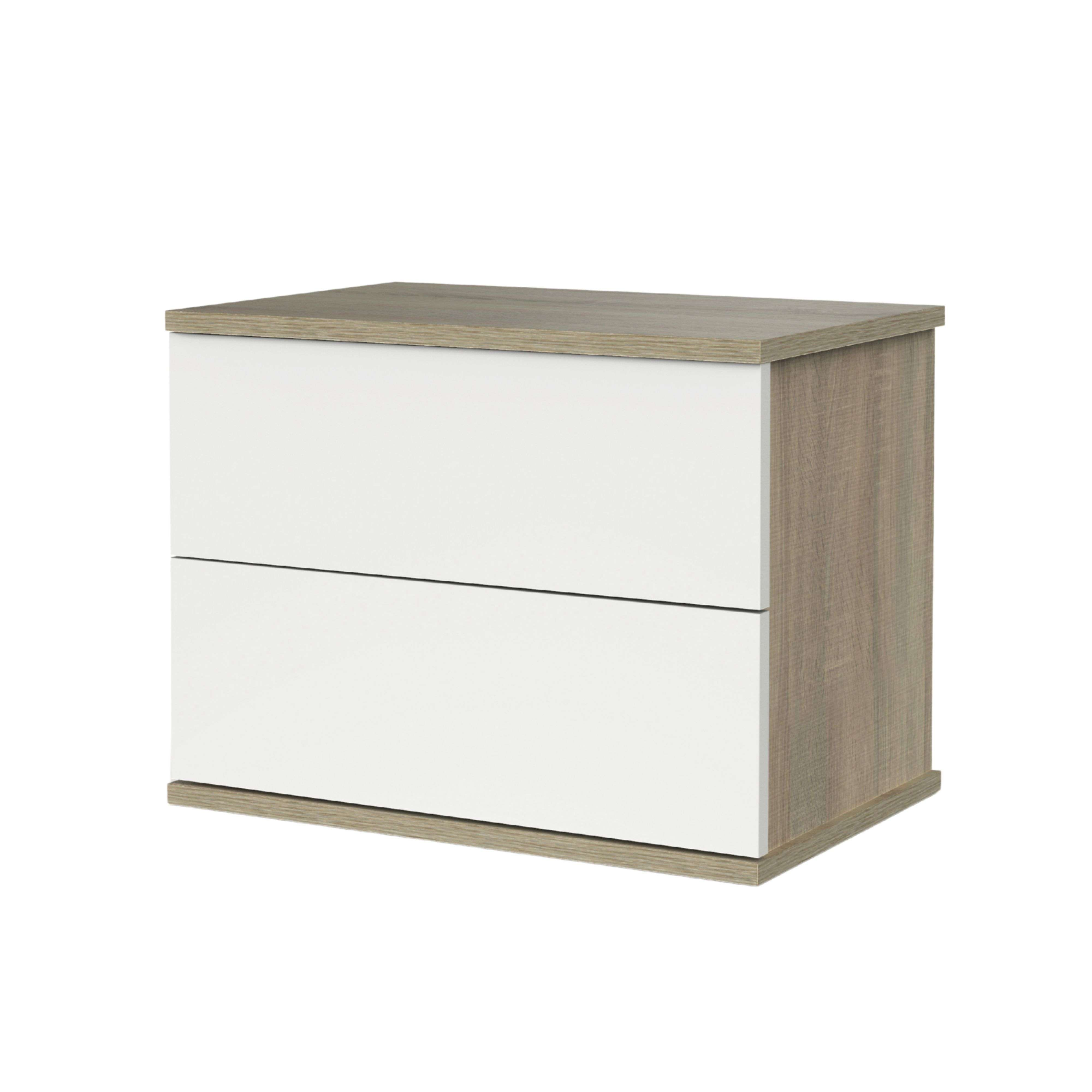 Una mesita de noche con dos cajones blancos y detalles de madera.