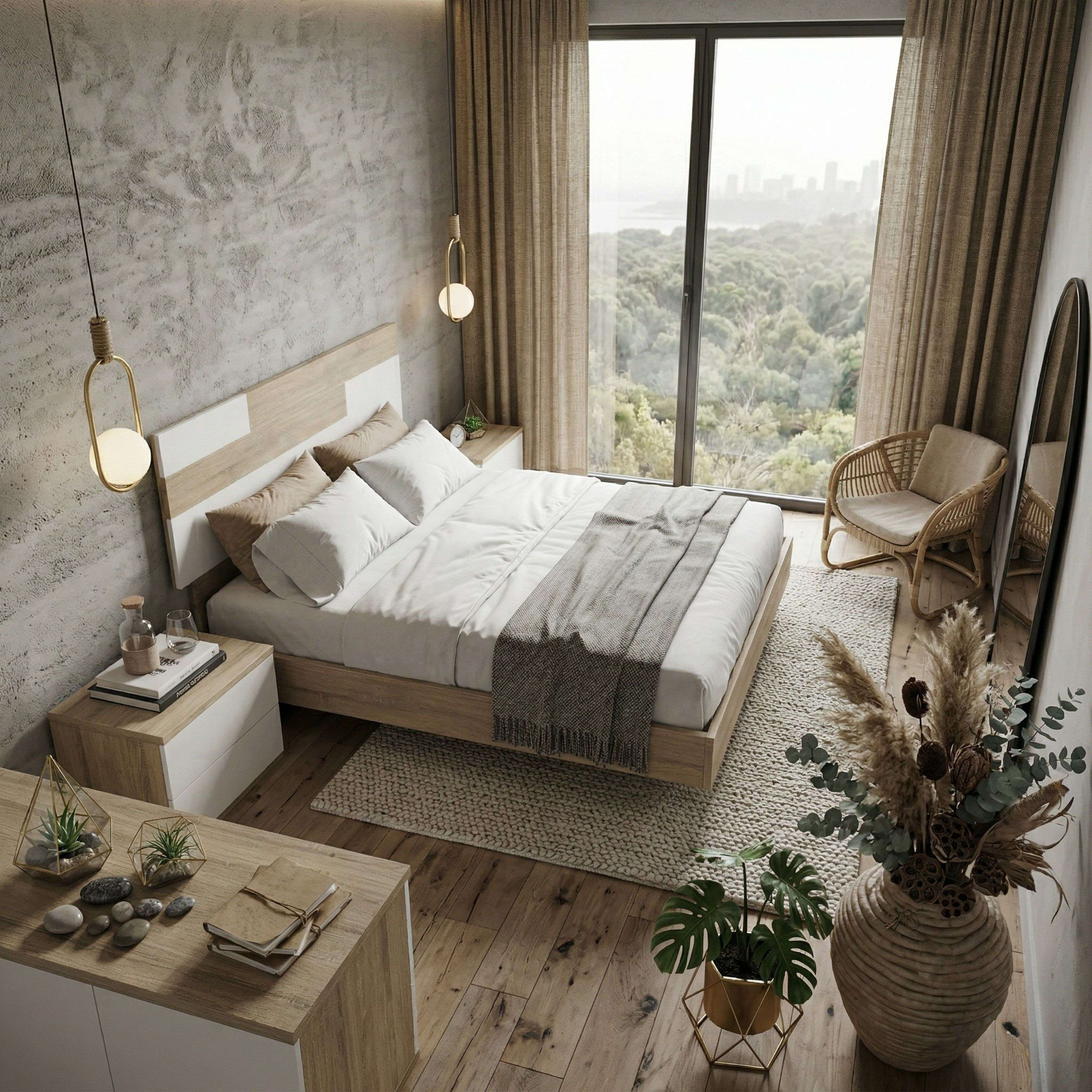 Un dormitorio con cama, mesitas de noche, sillón y vistas a árboles y una ciudad.