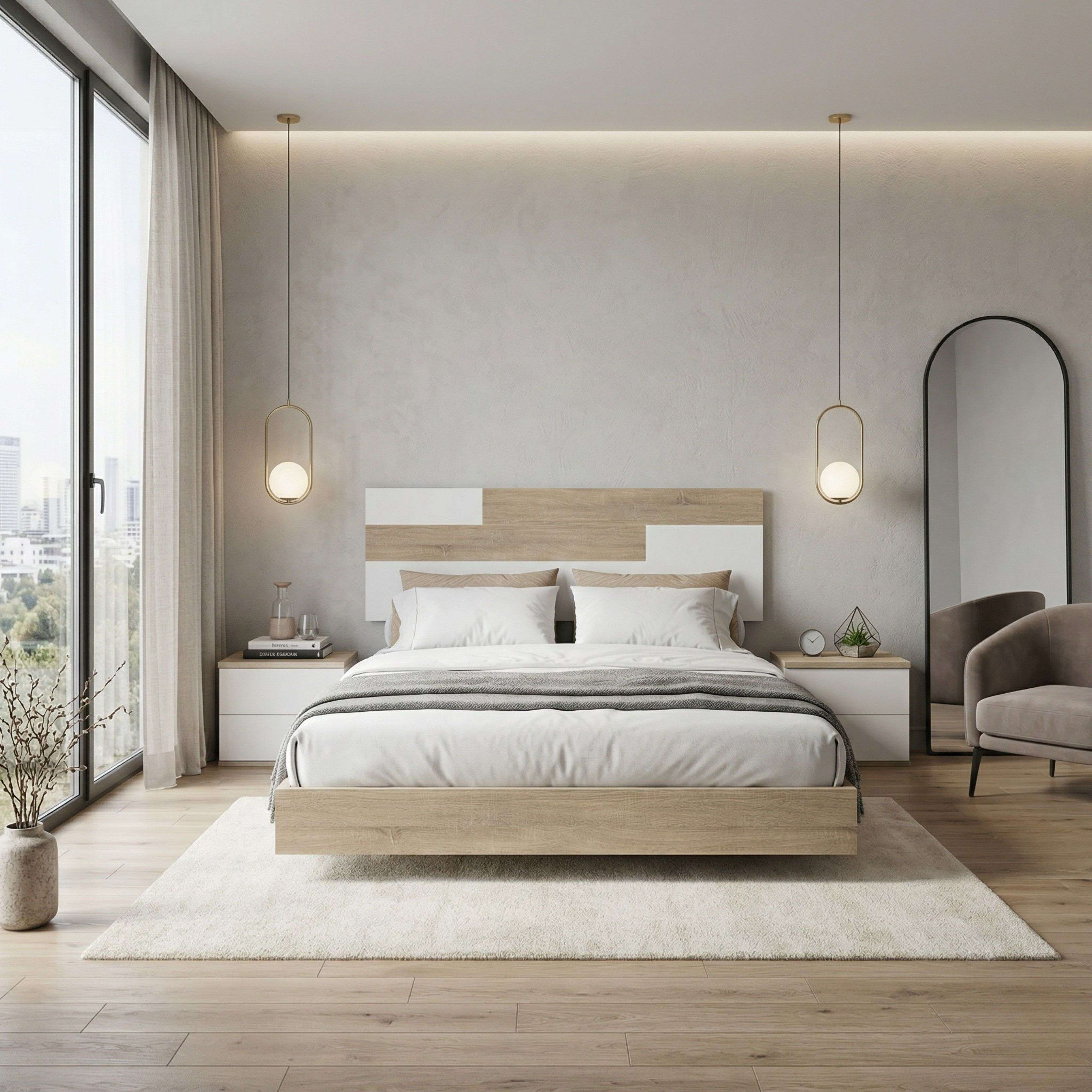Dormitorio moderno con cama grande, mesitas de noche, espejo y ventana.