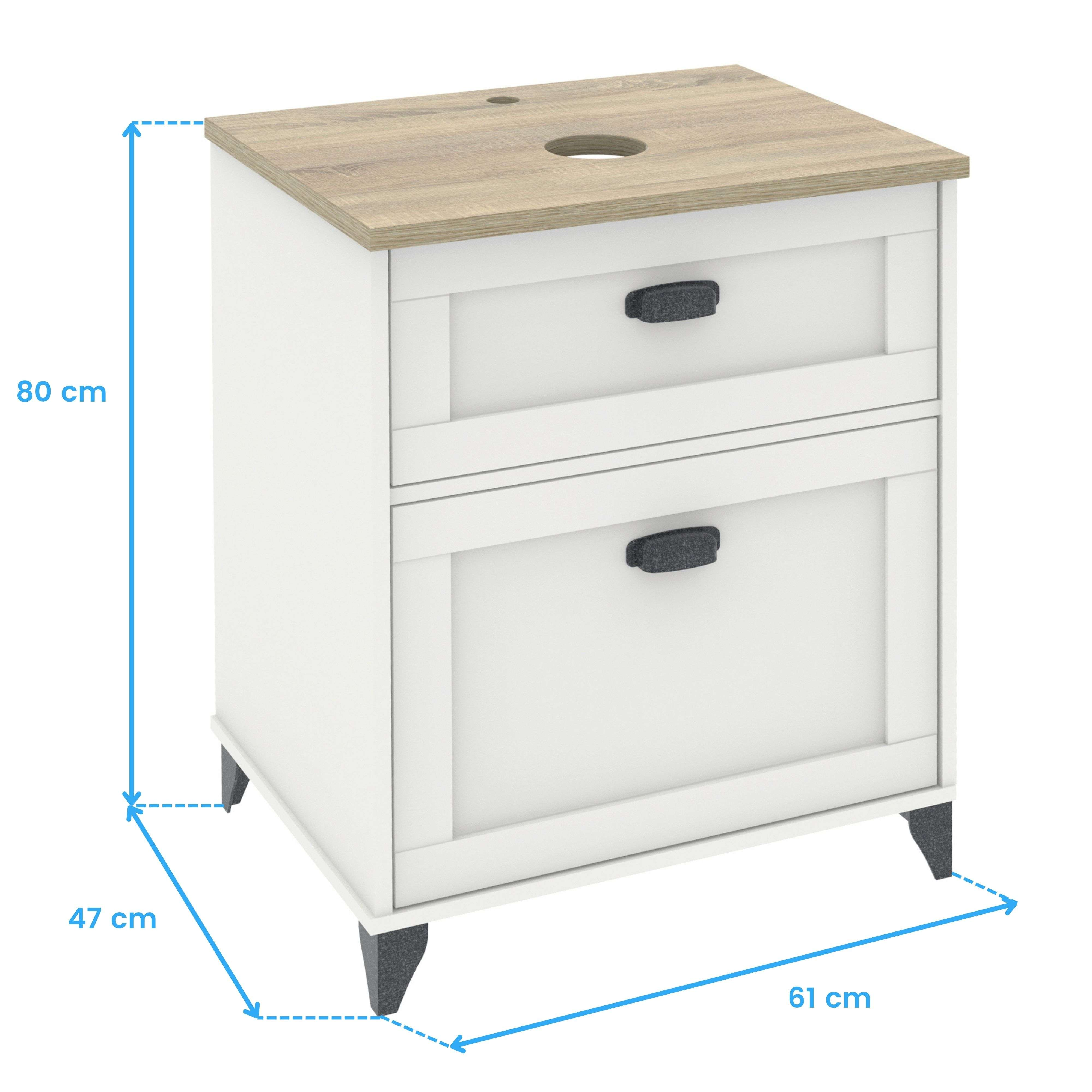Armario blanco con tapa de madera, dos cajones y tiradores negros.