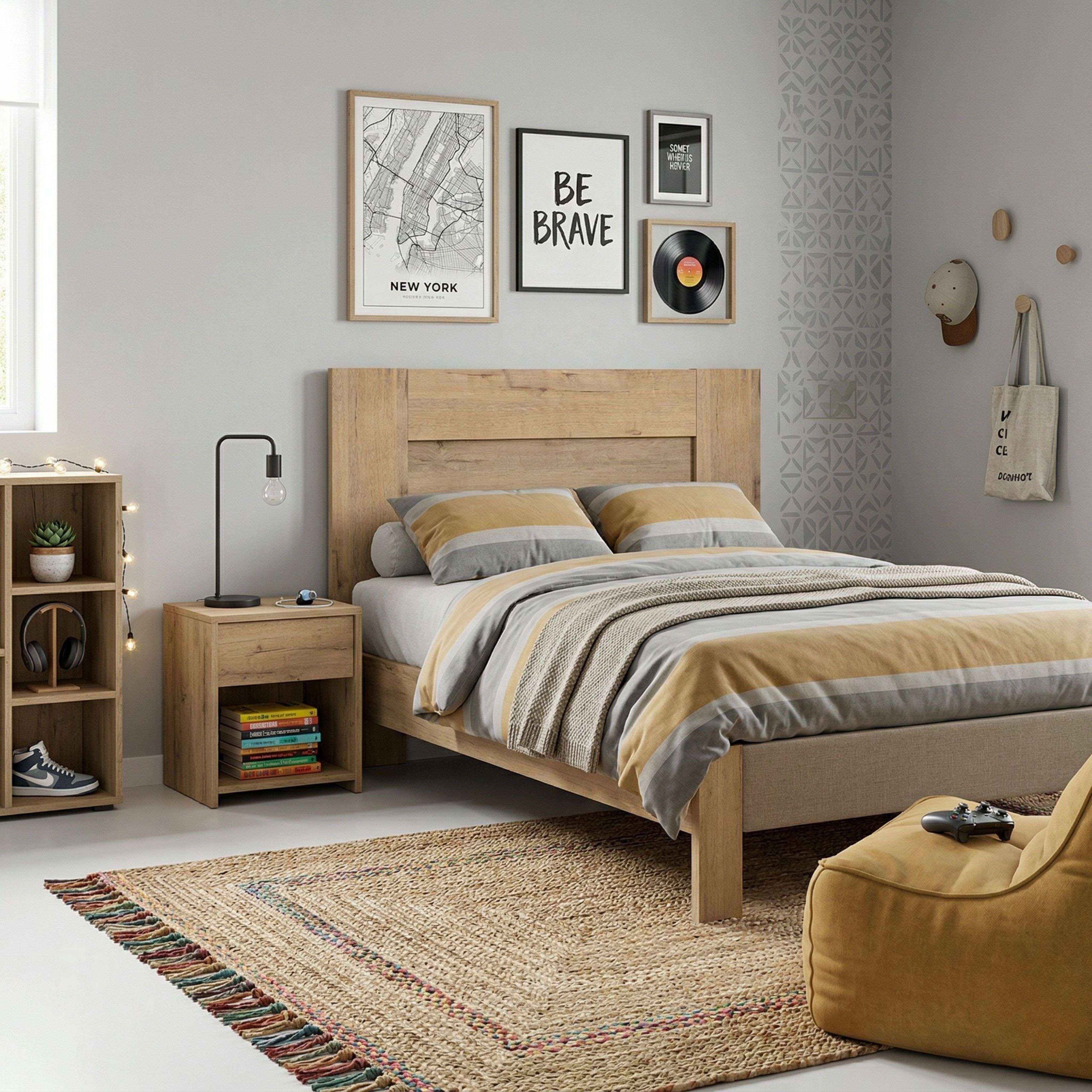 Un dormitorio moderno con cama de madera, ropa de cama a rayas, mesita de noche y alfombra.
