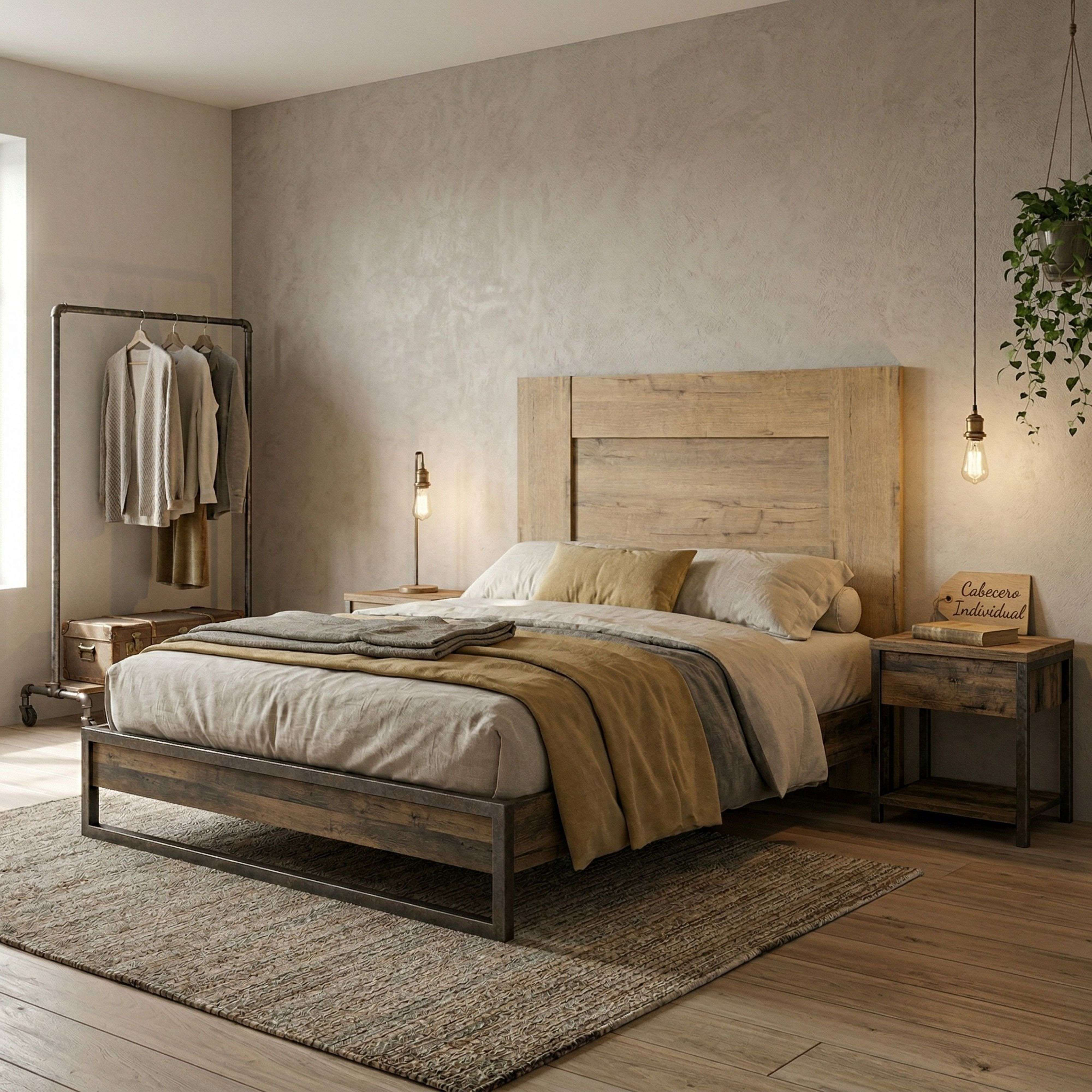 Un dormitorio rústico con cama doble, perchero, mesita de noche y planta colgante.
