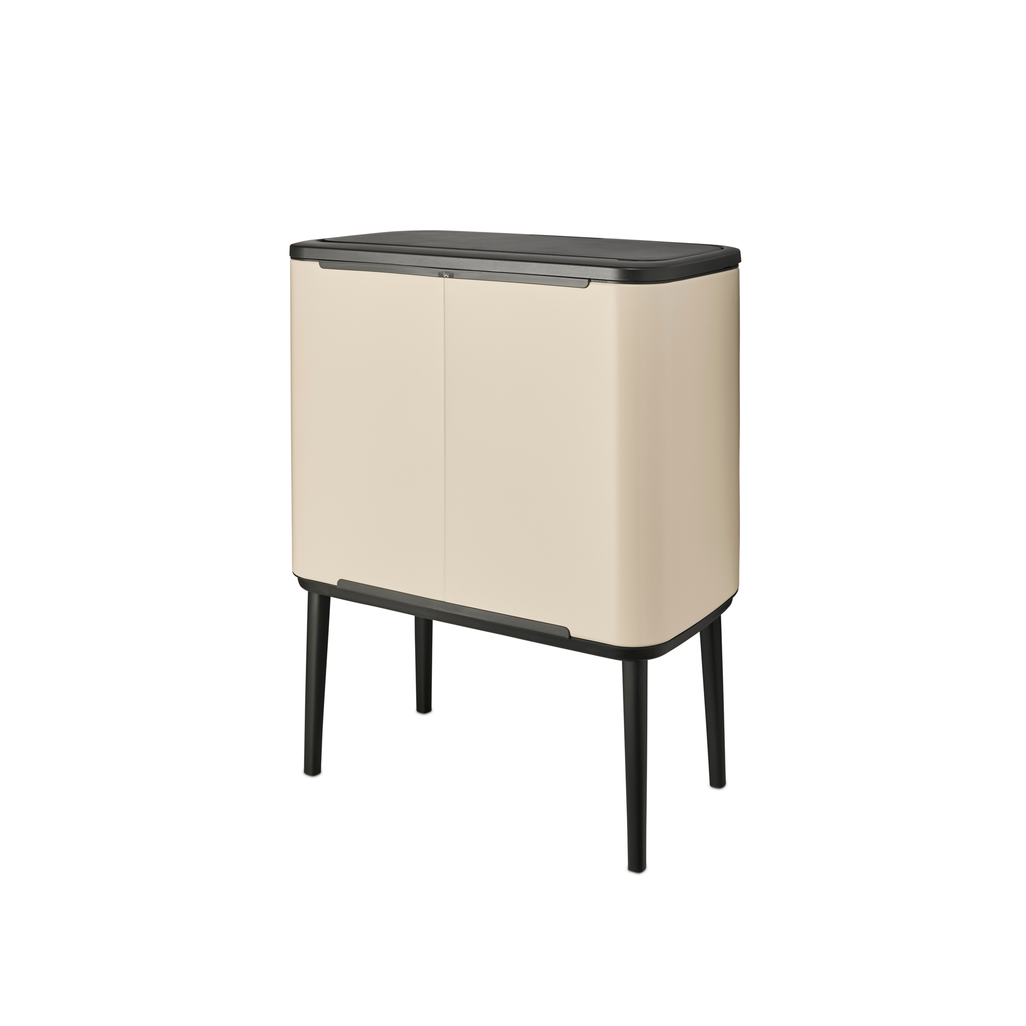 A beige cabinet with two doors on four black legs and a black top.
