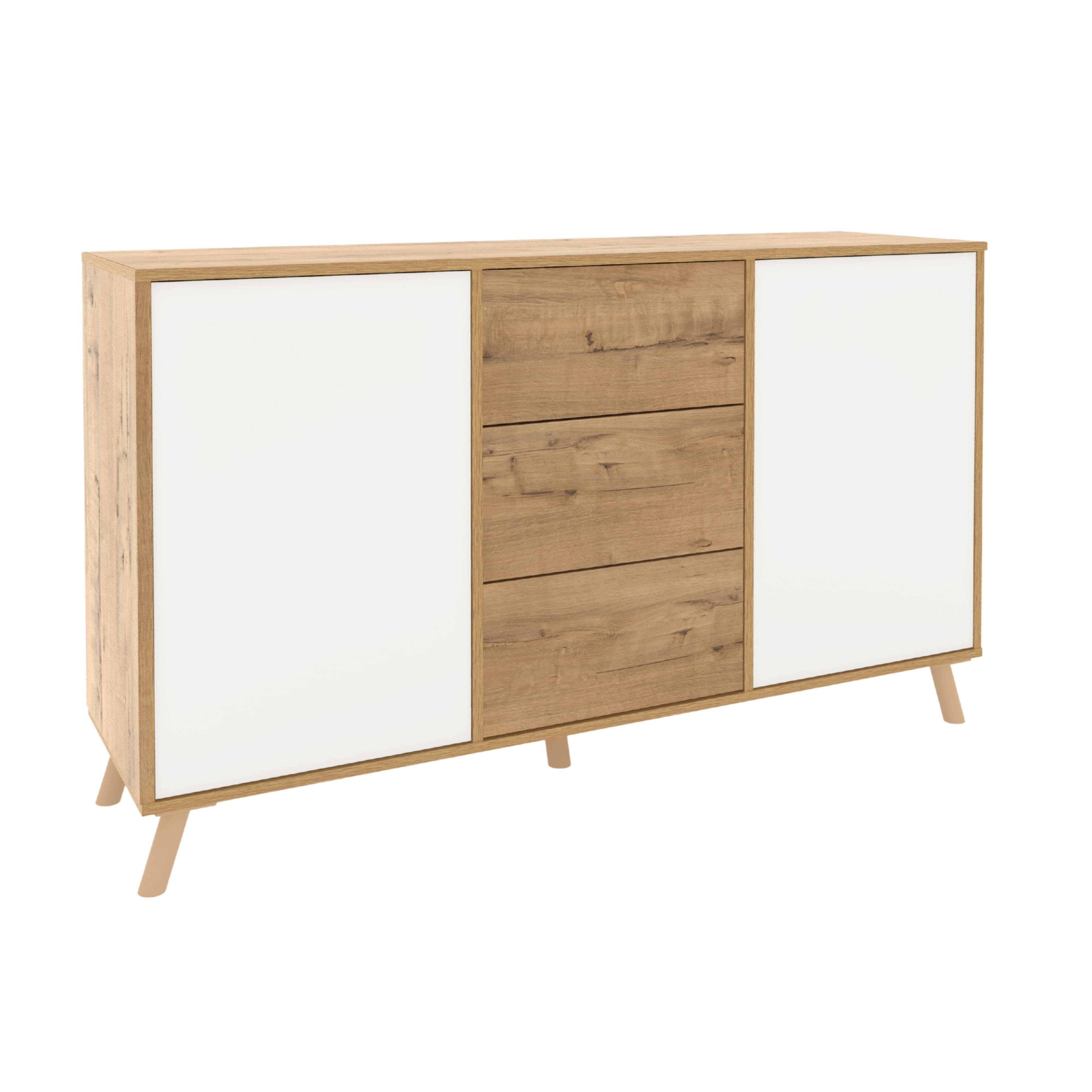 Un aparador con vetas de madera y puertas blancas sobre patas inclinadas.