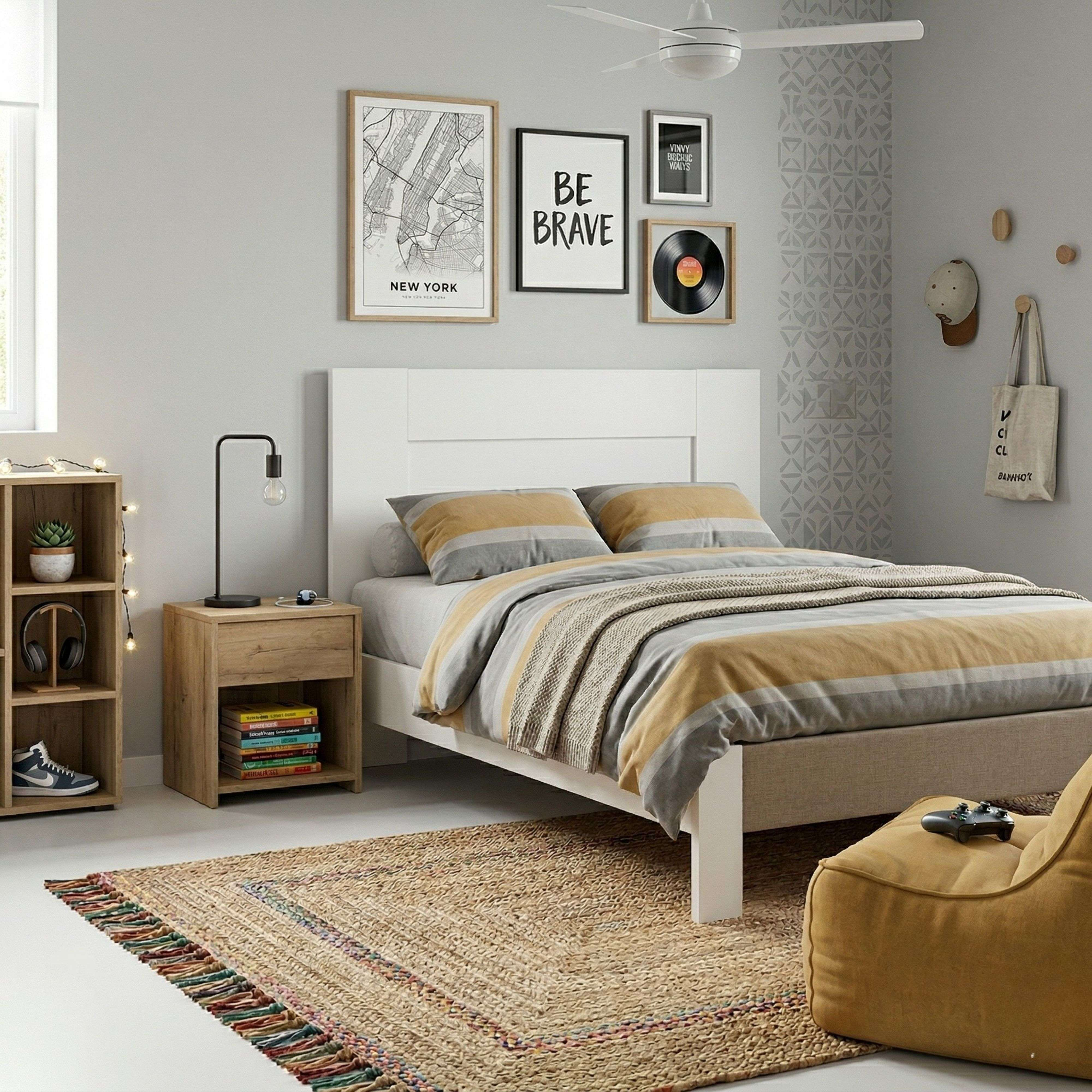 Un dormitorio con cama, mesita de noche, estantería y alfombra.