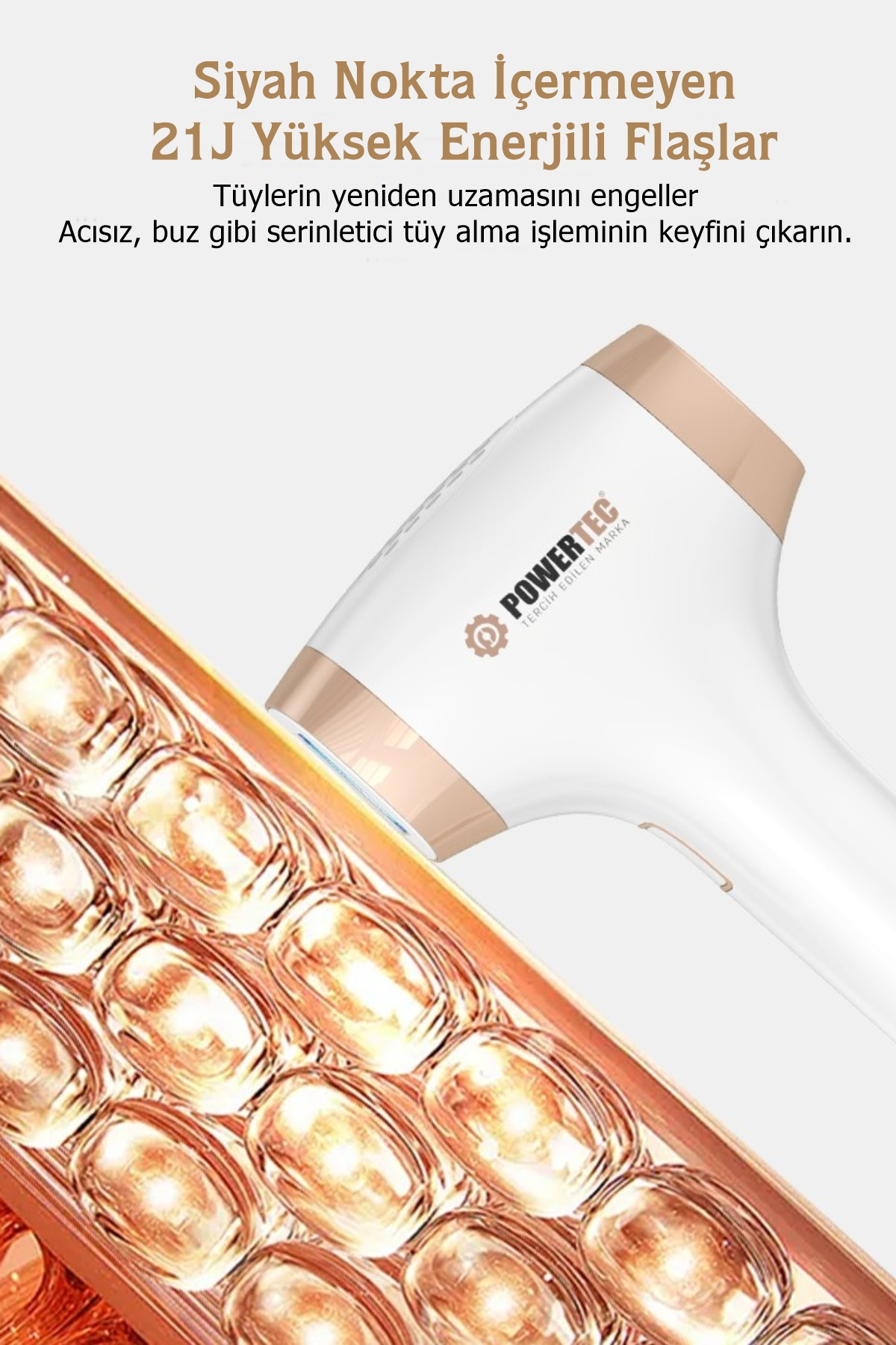 POWERTEC logolu beyaz IPL epilasyon cihazı, bakır rengi yüzeye yakın.