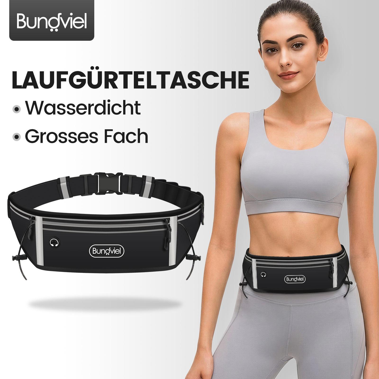 Eine Frau trägt eine schwarze Bauchtasche mit Reflektoren und Logo.
