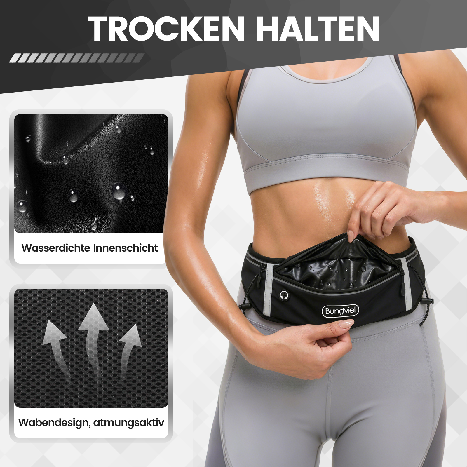 Frau mit Bauchtasche. Nahaufnahme zeigt wasserdichte Innenschicht und atmungsaktives Wabendesign.