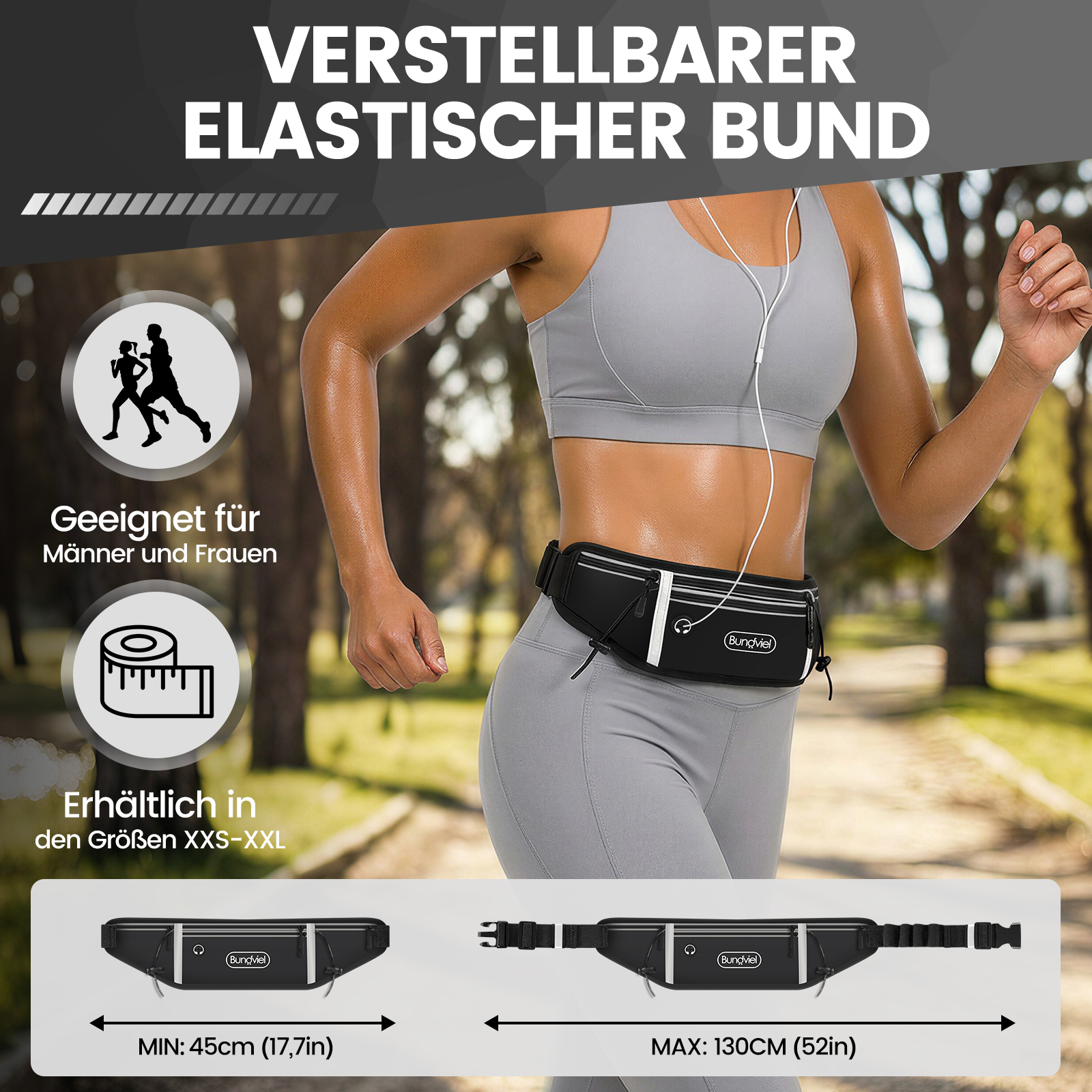 Sportlerin mit Bauchgurt im Freien. Größenangaben unten.
