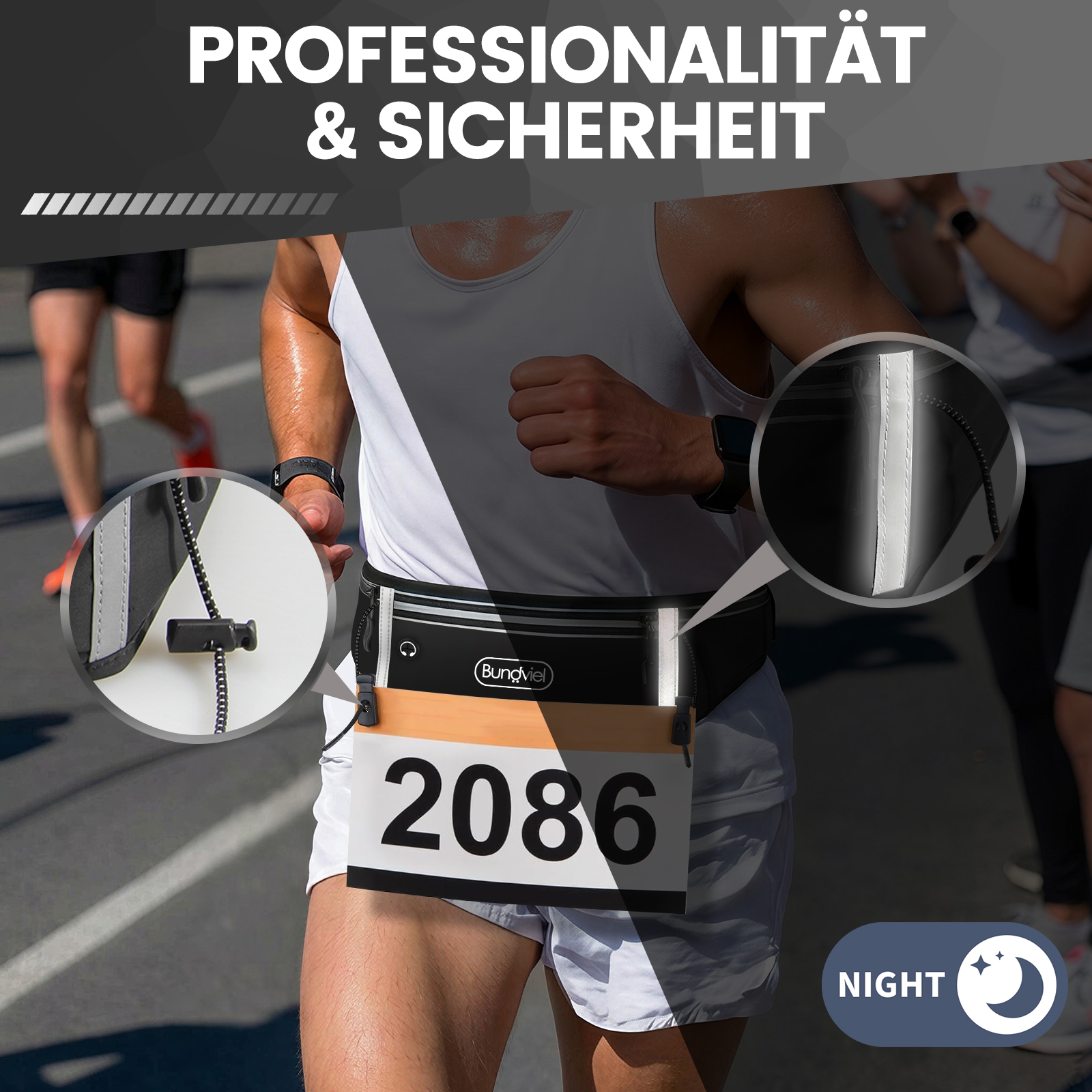 Läufer mit Nummer 2086 trägt eine Bauchtasche mit Reflektoren. Nacht.