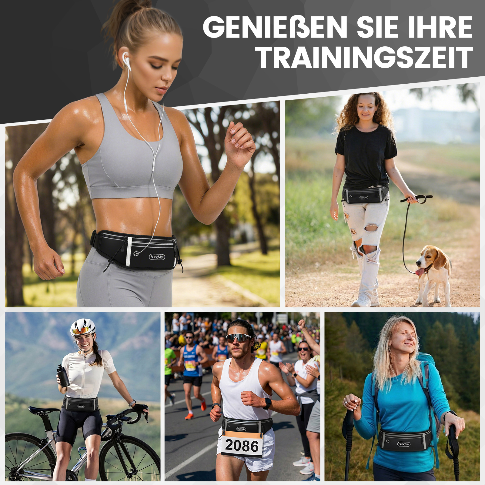 Collage von Menschen beim Sport: Laufen, Radfahren, Hundespaziergang, Wandern. Mit Bauchtaschen.