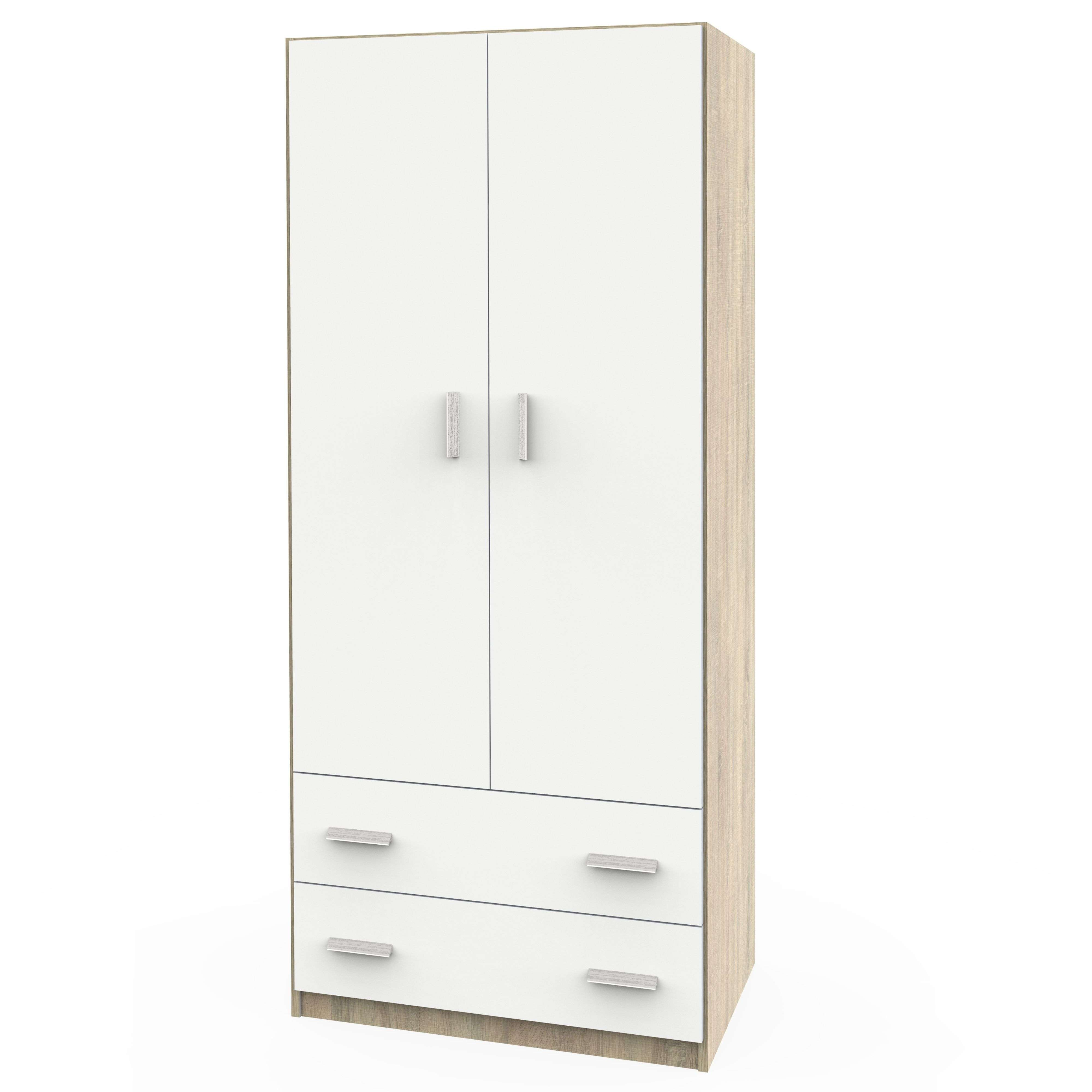 Armario blanco con dos puertas y dos cajones, ribetes efecto madera.