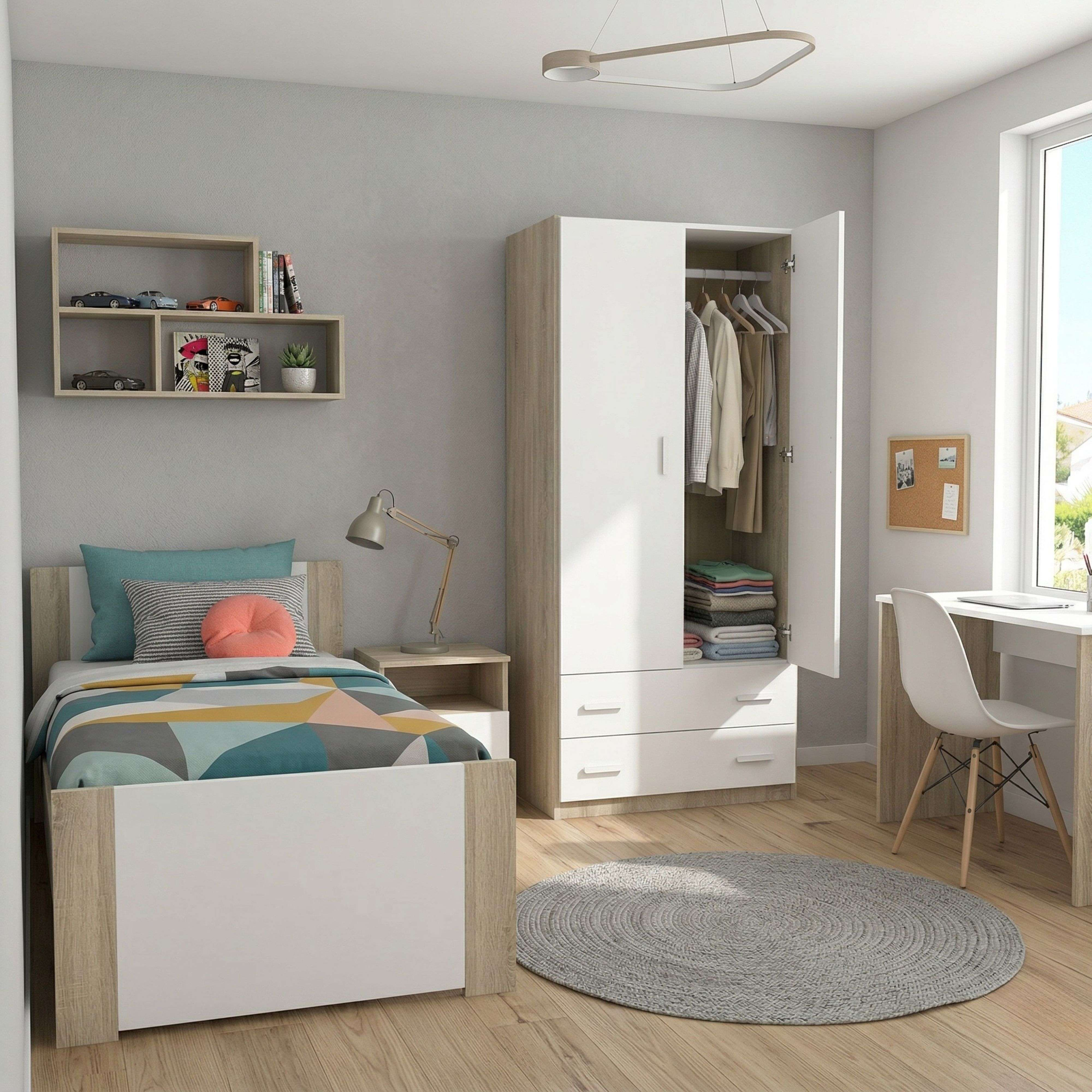 Dormitorio moderno con cama, armario, escritorio y estante.