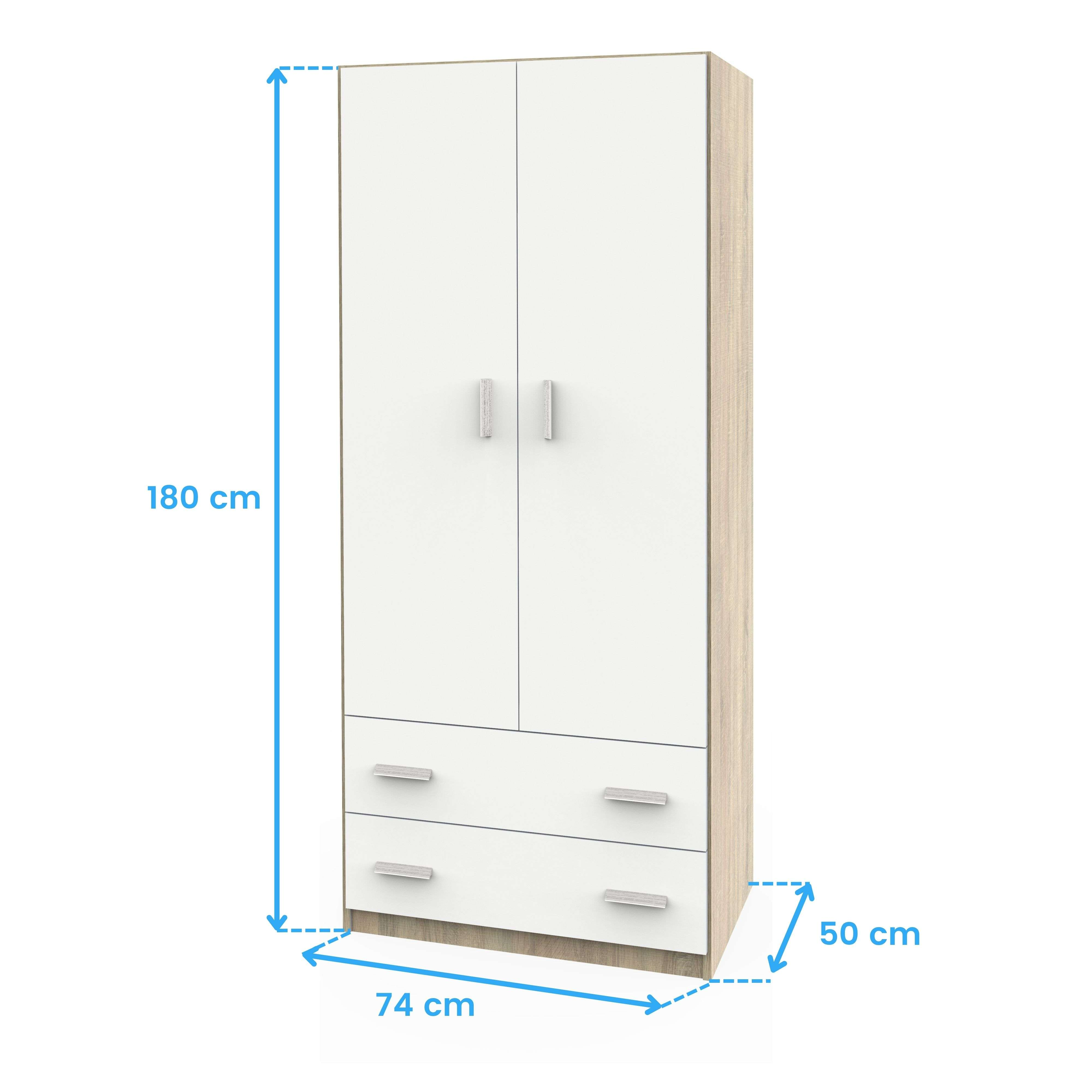 Un armario blanco con detalles en madera, mide 180x74x50 cm.