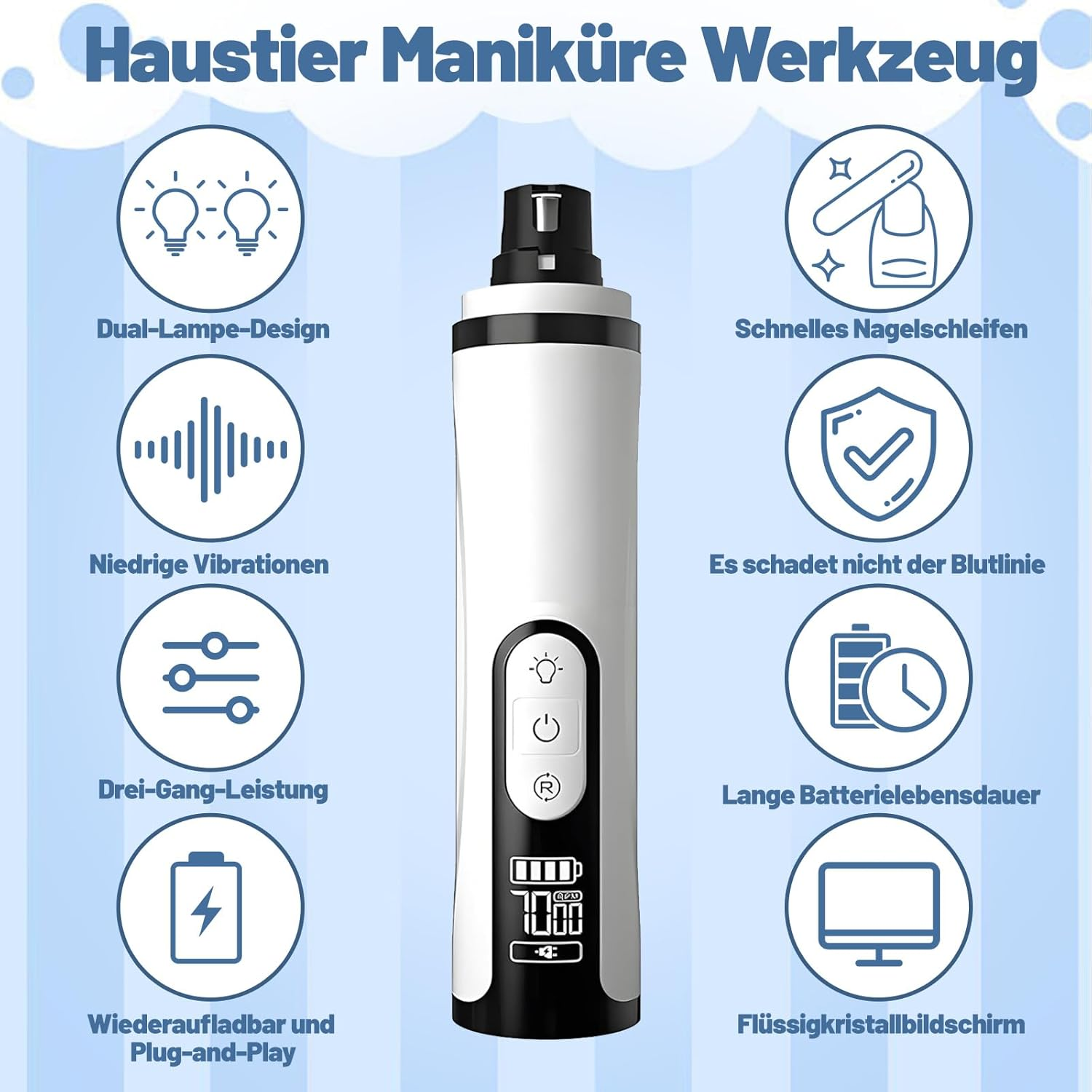 Haustier Maniküre Werkzeug mit Dual-Lampe, 3 Gänge, LCD, wiederaufladbar.