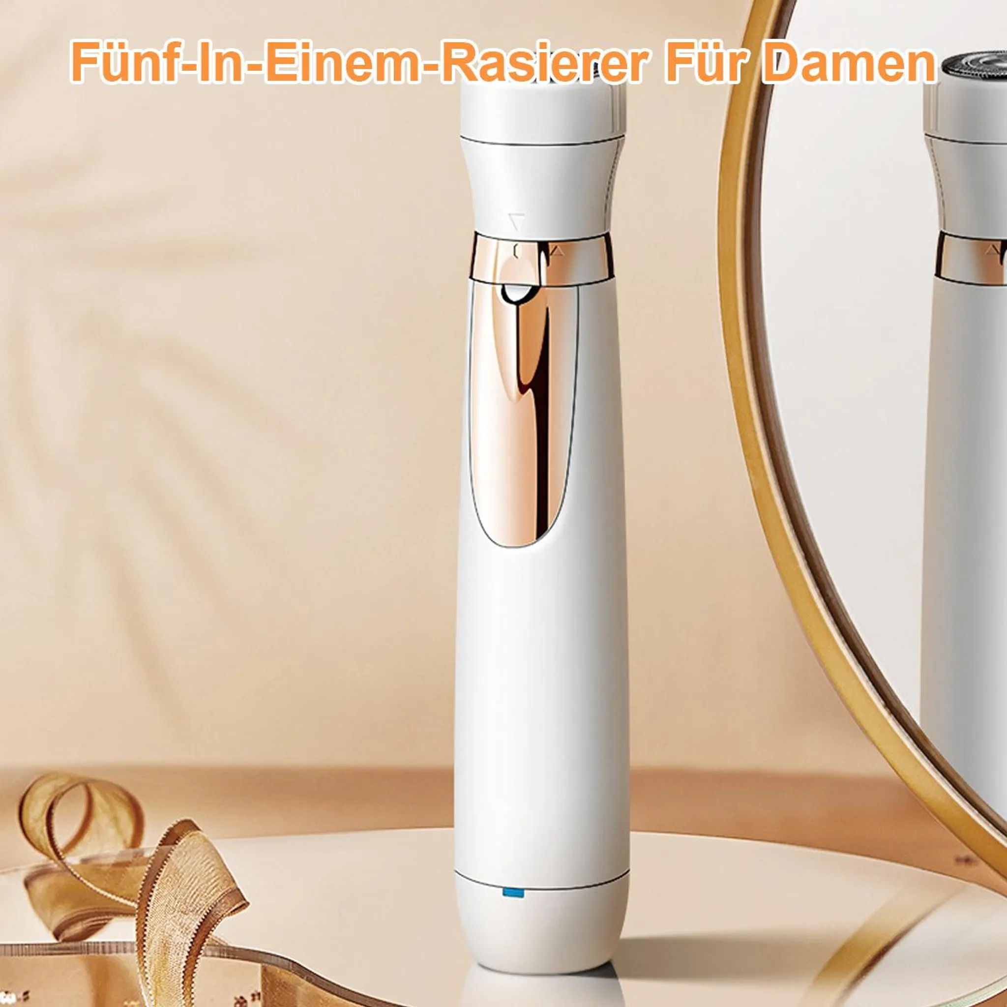 Ein weißer 5-in-1-Rasierer für Damen mit goldenen Akzenten steht neben einem Spiegel.