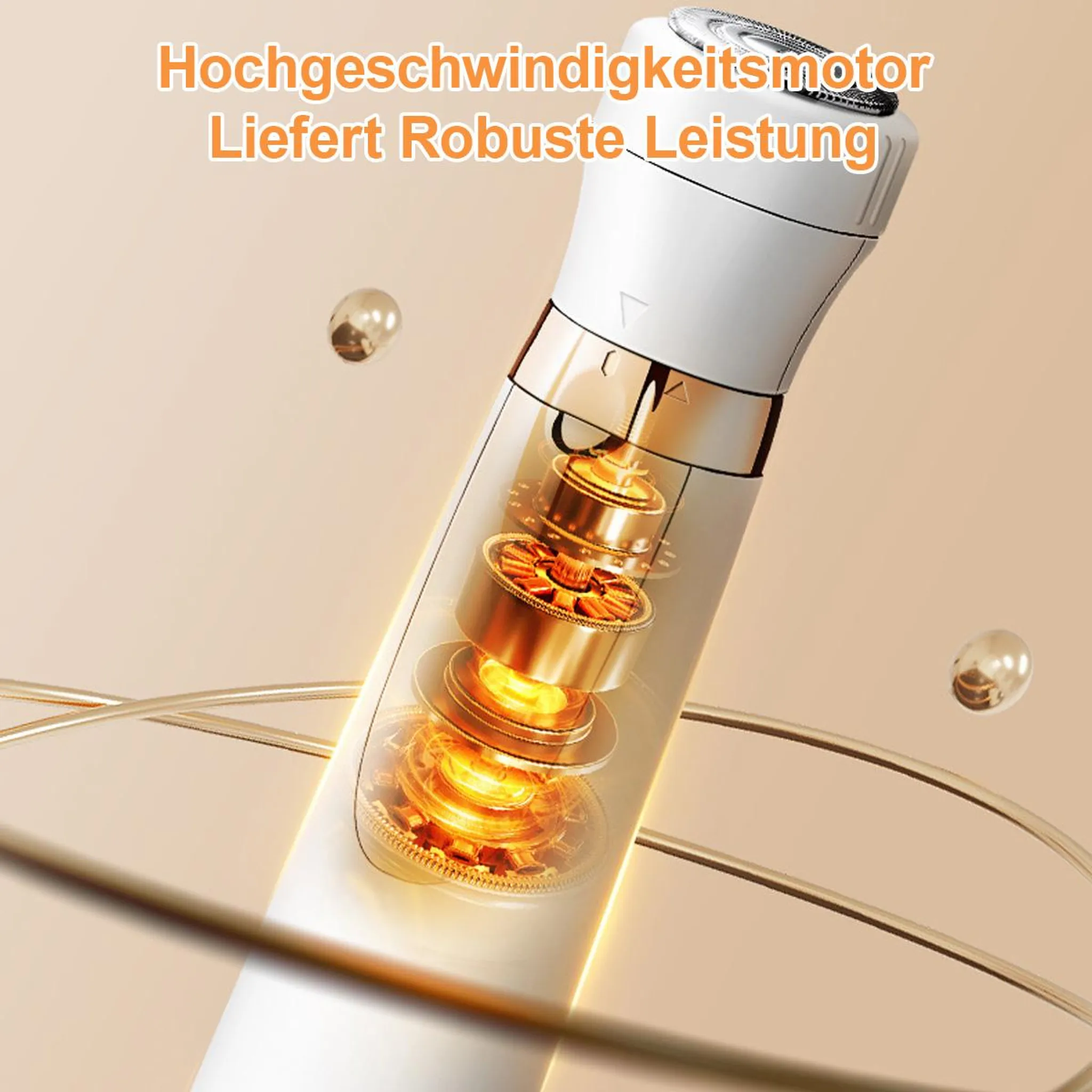 Ein weißes Gerät mit sichtbarem goldenem Motor im Inneren.