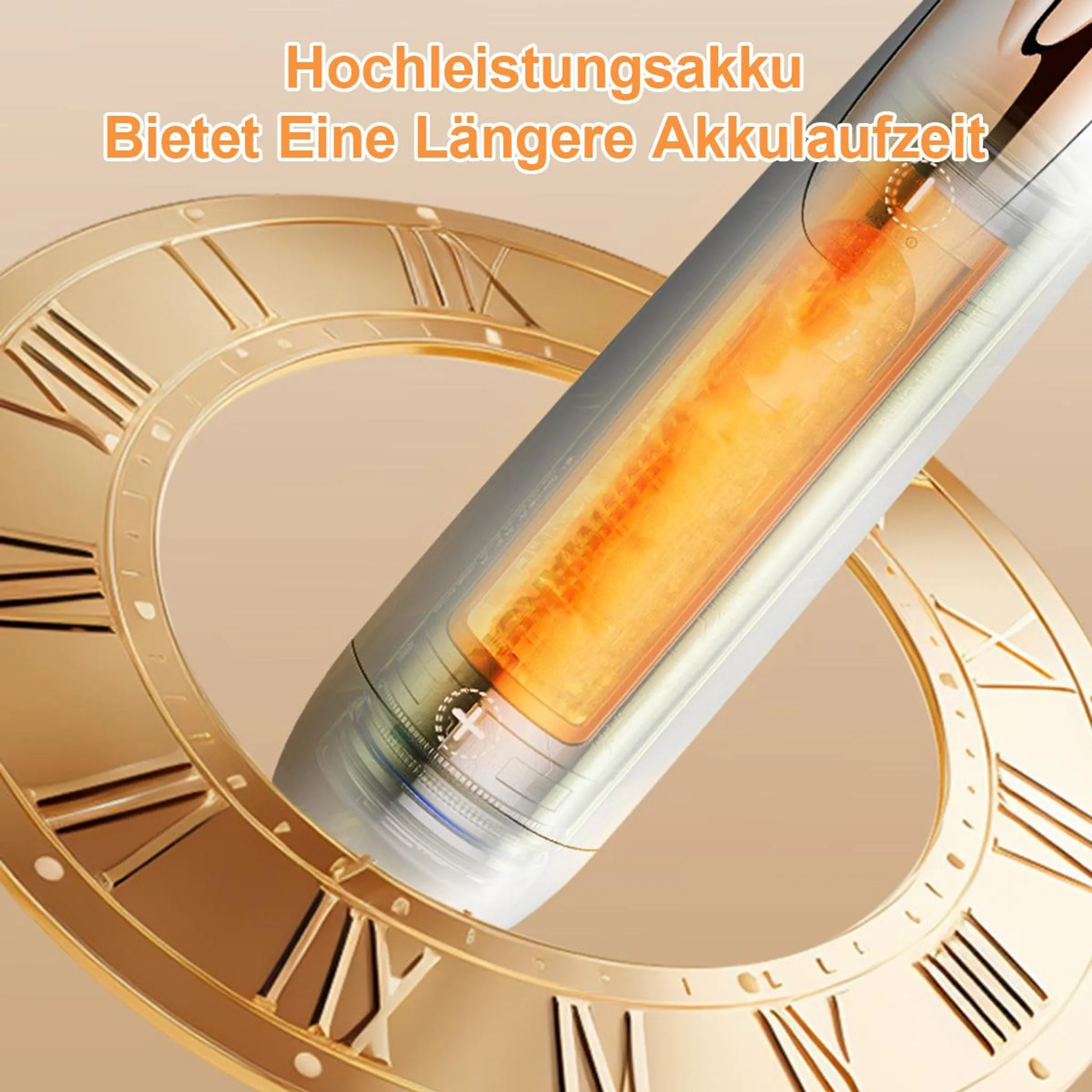Ein leuchtender Akku mit römischen Ziffern im Hintergrund.