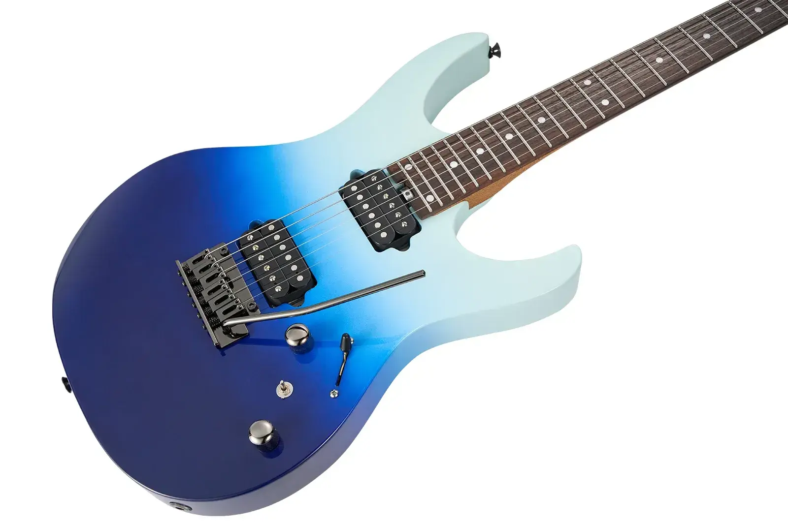 Koyu maviden açık maviye geçişli mavi bir elektro gitar.
