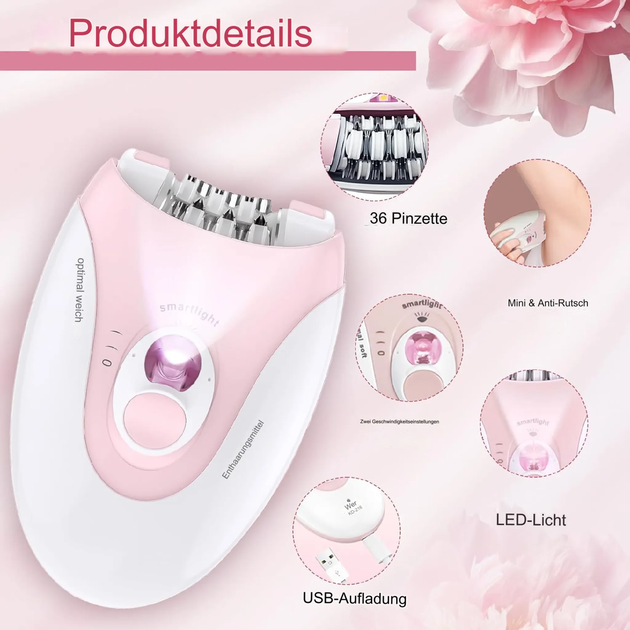 Ein rosa und weißer Epilierer mit 36 Pinzetten, Smartlight und USB-Aufladung.